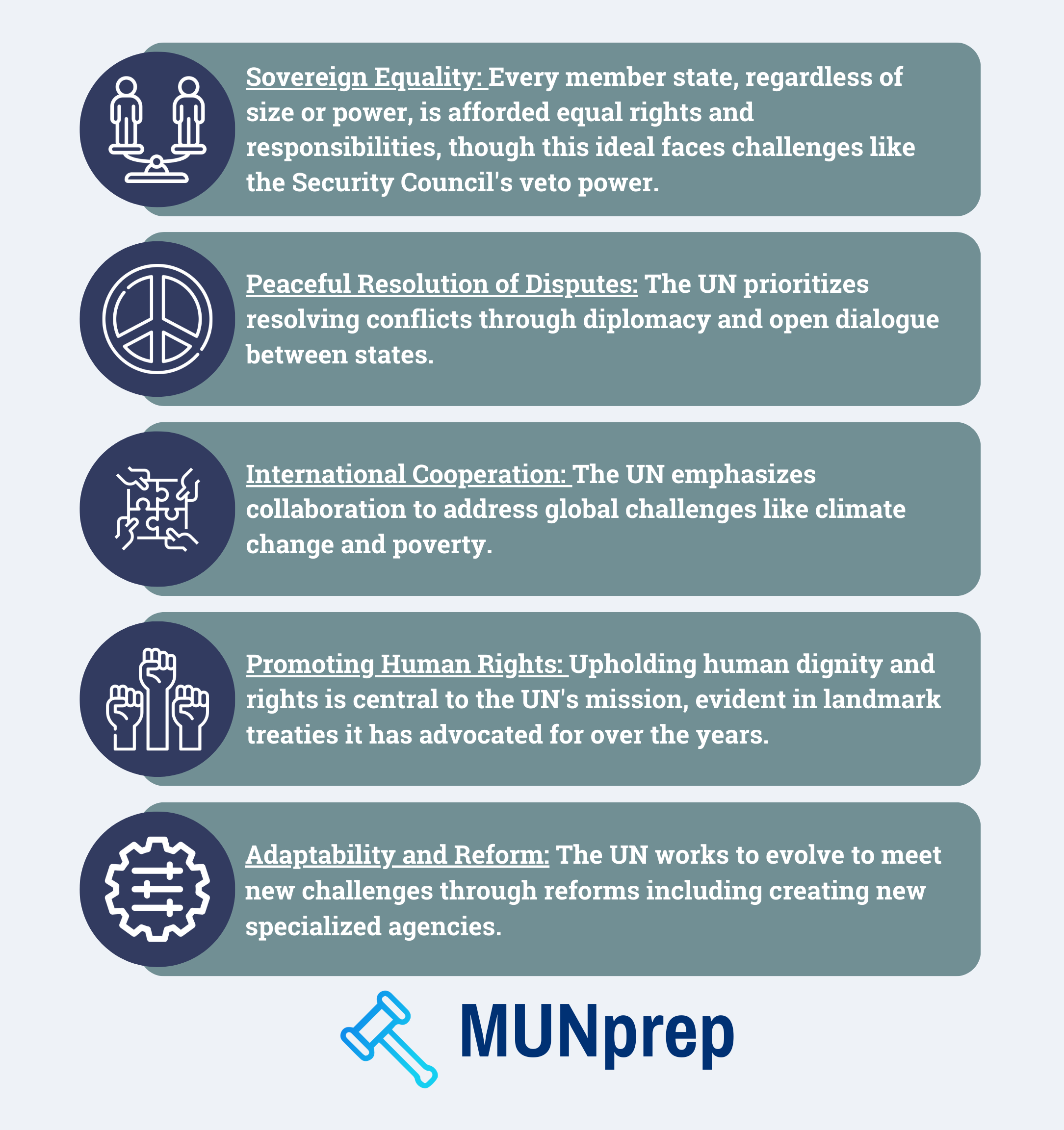 Diagram outlining key principles of the United Nations, including Sovereign Equality, Human Rights, International Cooperation, Peaceful Resolution and Reform