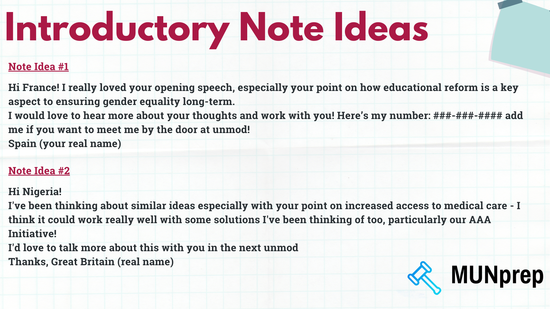 example of a note in Model UN - showing how to reach out to delegates respectfully