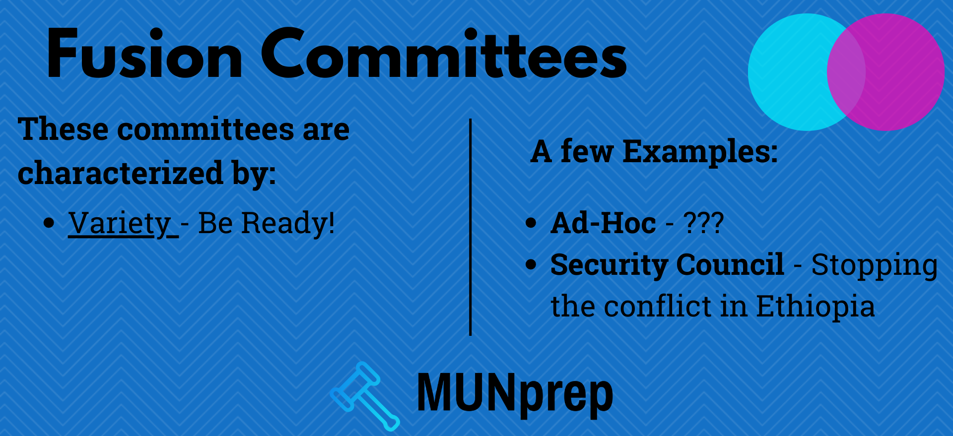 Diagram summarizing the essential aspects of a MUN Fusion Committee.