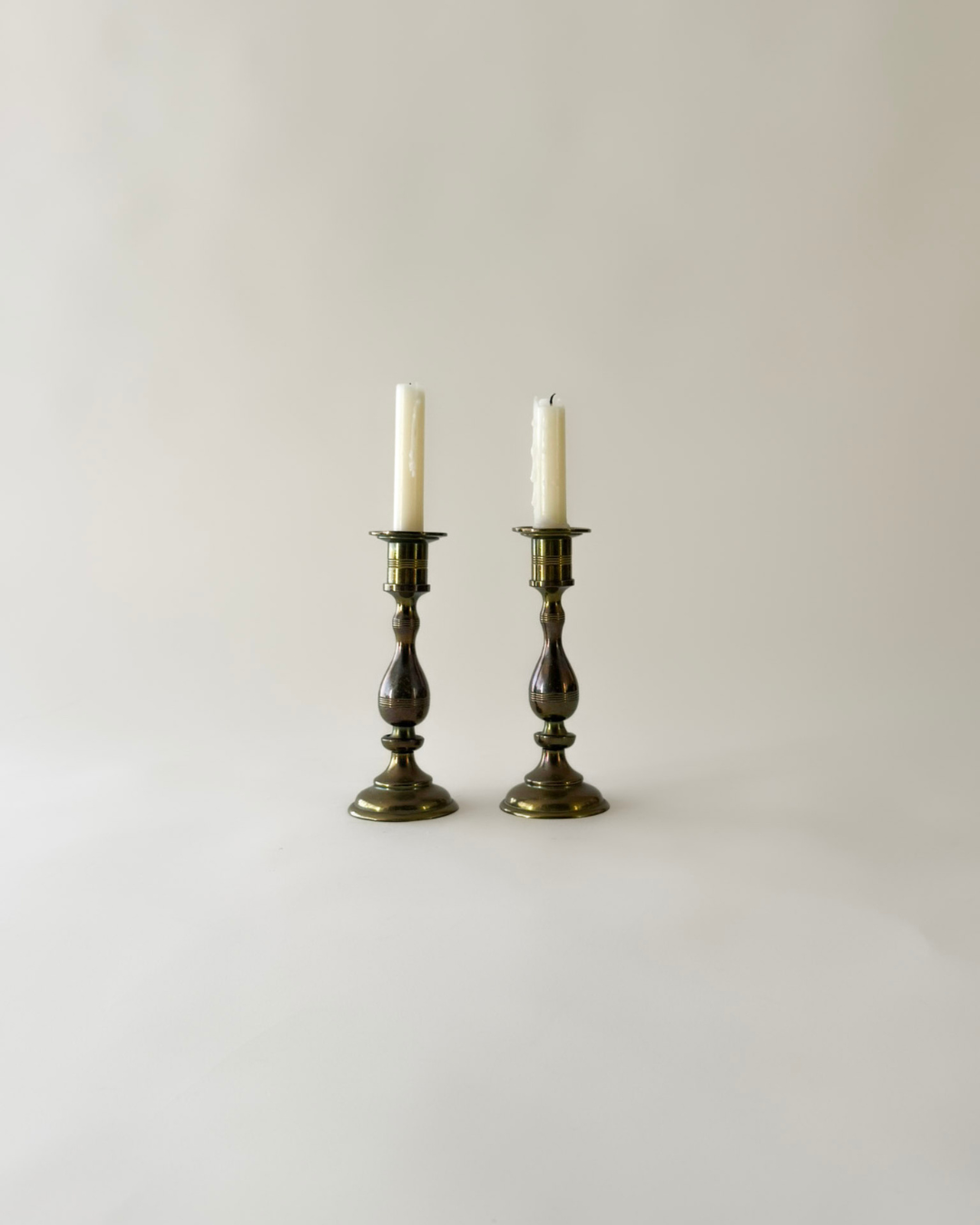 Set of Solid Brass Candleholders with Striped Detail