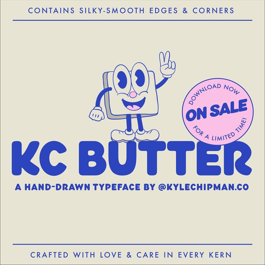 I just released my latest typeface, KC Butter ✌️. It&rsquo;s completely hand drawn with edges and corners as smooth as its name. You can get it by visiting my shop via the link in my bio &mdash; it&rsquo;s on sale for a limited time and literally che