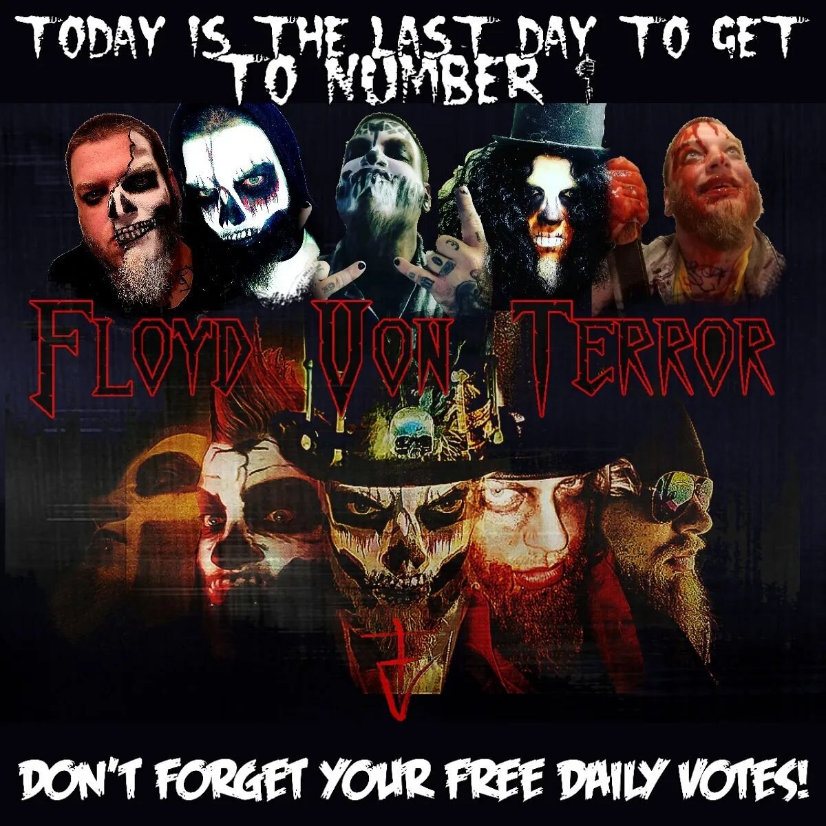 https://faceofhorror.org/2022/floyd-dalton
If I can't get to number 1 in the next 10 hours I won't be moving on to face the other number 1s from their groups. If you are able, please help. Love you all and this has been a wild ride already. And if yo