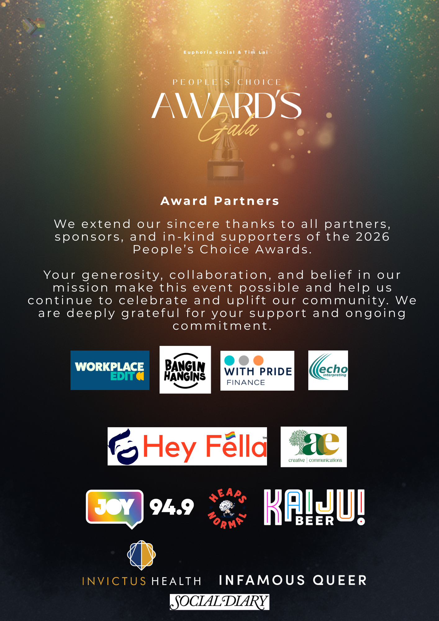 The image shows a colorful promotional graphic for the 2026 People’s Choice Awards Gala. It features a trophy in the background with a sparkly, rainbow-colored backdrop. Below the trophy, there are various logos of sponsors and partners, including Workplace Edit, Bangin Hangins, With Pride Finance, Echo interpreting, Hey Fella, Creative Communications, Joy 94.9, Heaps Normal, Kalju Beer, Invictus Health, Infamous Queer, and Social Diary.