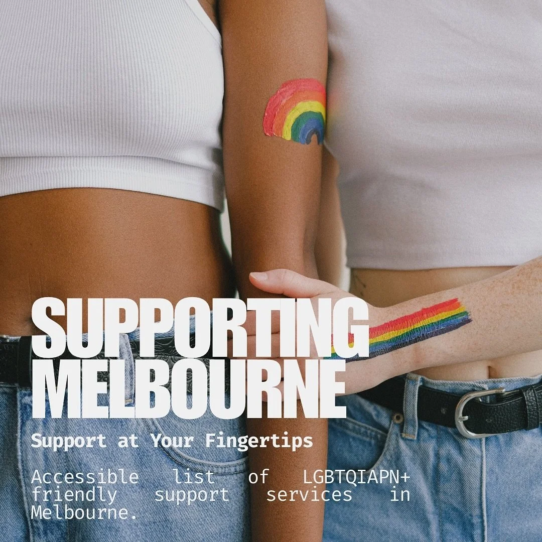 Close-up of two people with rainbow pride tattoos on their arms, supporting Melbourne, with text promoting LGBTQ+ friendly support services in Melbourne.