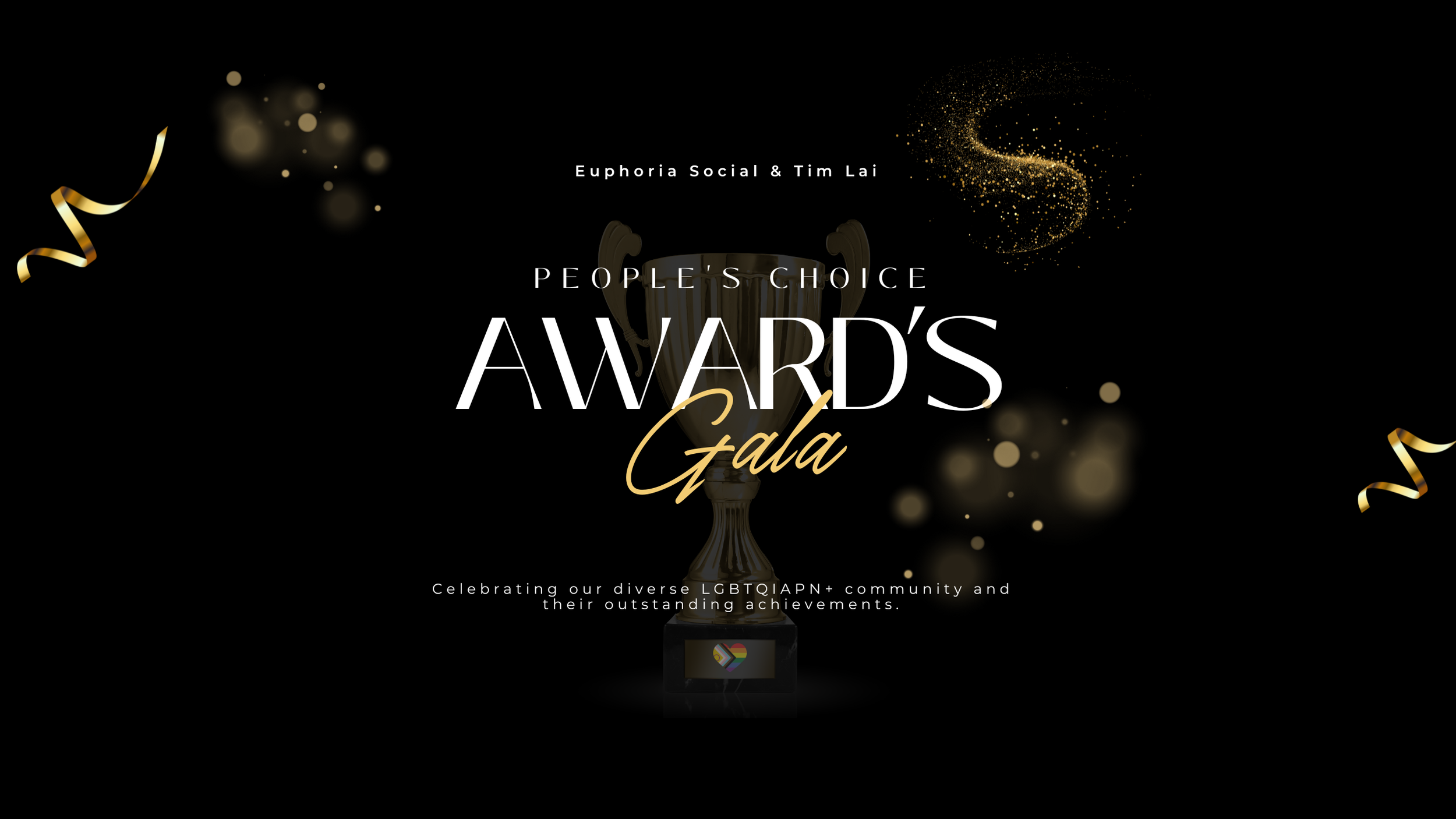 Black background with gold confetti and ribbons, featuring a trophy with a rainbow-colored heart logo and text announcing the People's Choice Awards Gala celebrating LGBTQ+ community achievements.