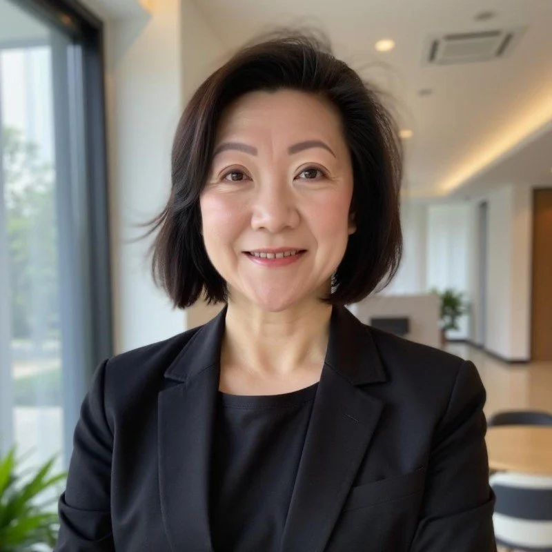 A smiling woman with short black hair wearing a black blazer in a modern, well-lit indoor space with large windows and plants.