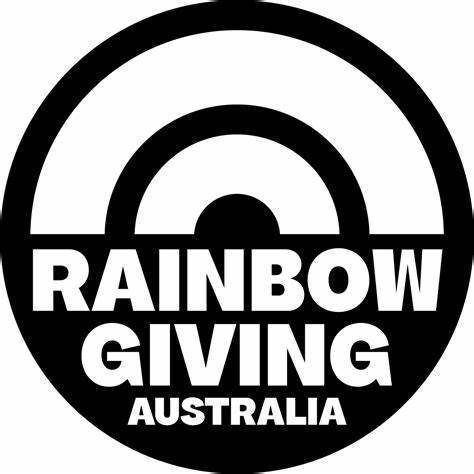 Black and white logo of Rainbow Giving Australia featuring rainbow arcs above the text.