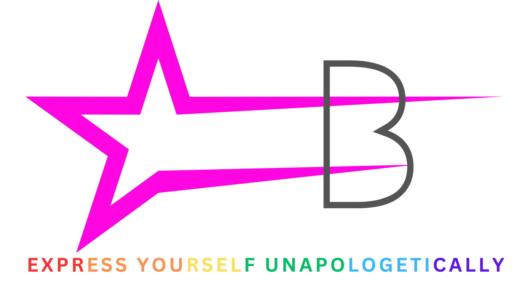 A stylized logo with a pink star and a trailing pink line, and a large letter 'B' outlined in gray. Below, the text reads 'EXPRESS YOURSELF UNAPOLOGETICALLY' in rainbow colors.
