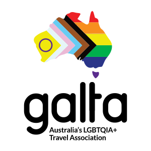 Outline of Australia filled with rainbow pride colors and a purple heart, with the word 'galta' and the phrase 'Australia's LGBTQIA+ Travel Association' below.