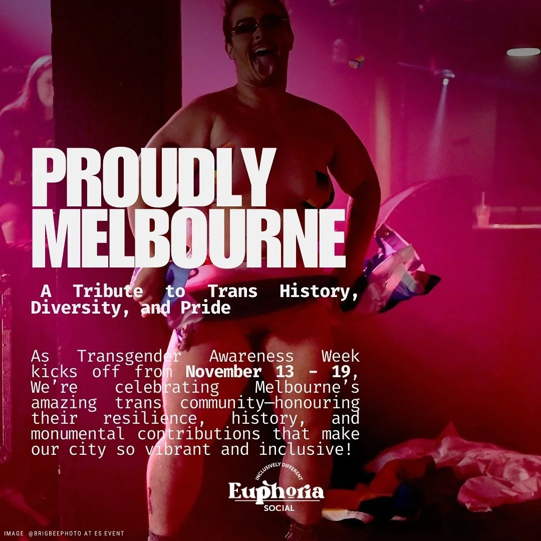 A person celebrating Transgender Awareness Week at an event, with a pink/purple background and wearing minimal clothing. Text overlay reads "Proudly Melbourne" and discusses celebrating the trans community and diversity.