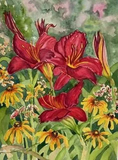 Painting of red lilies and black-eyed susans