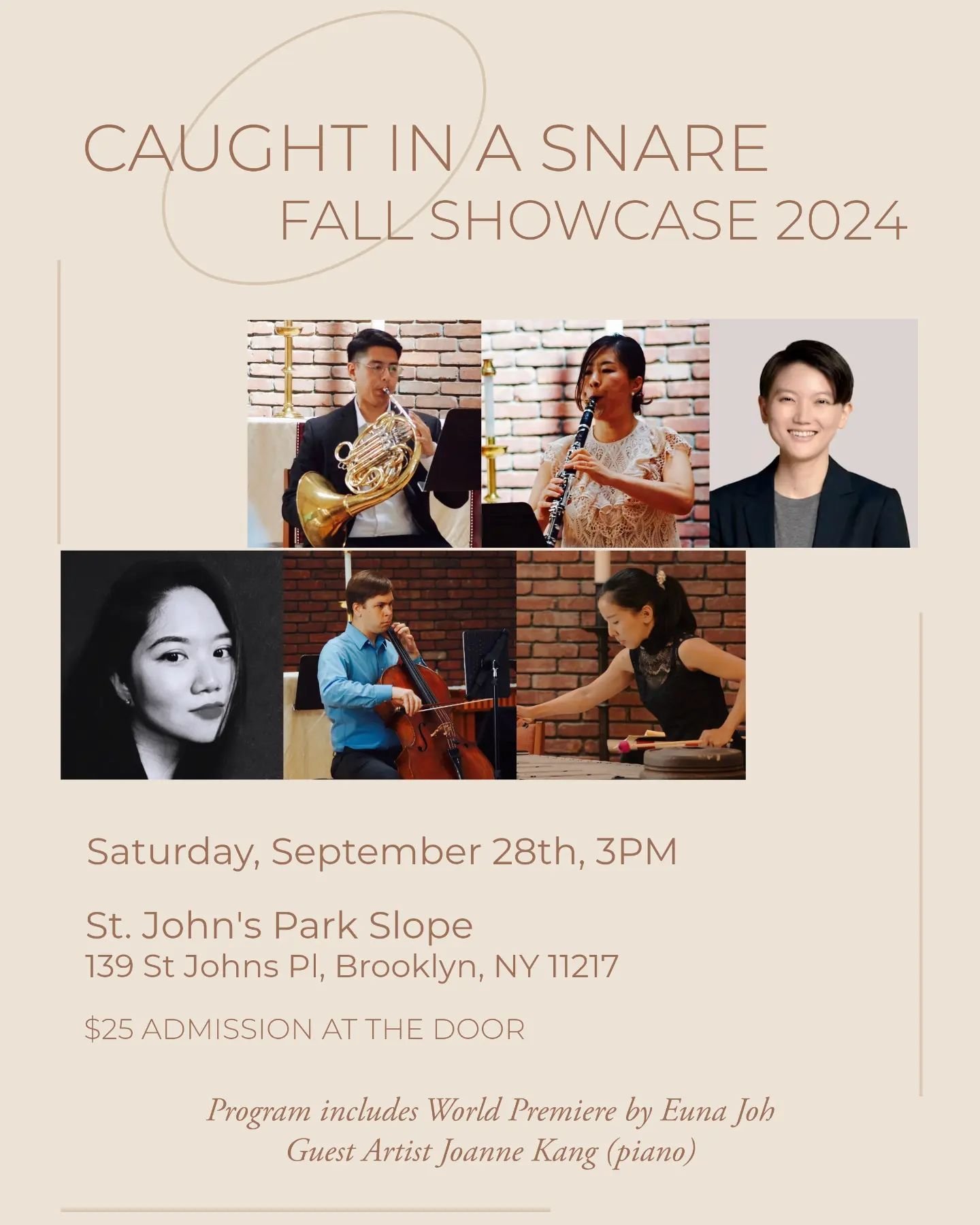 Join Caught in a Snare for our Fall Showcase 2024! 

We are excited to present a concert of new works and old classics for our first concert of the 2024 season. Featured on this concert will be the world premiere of Euna Joh's y=kx along with other w