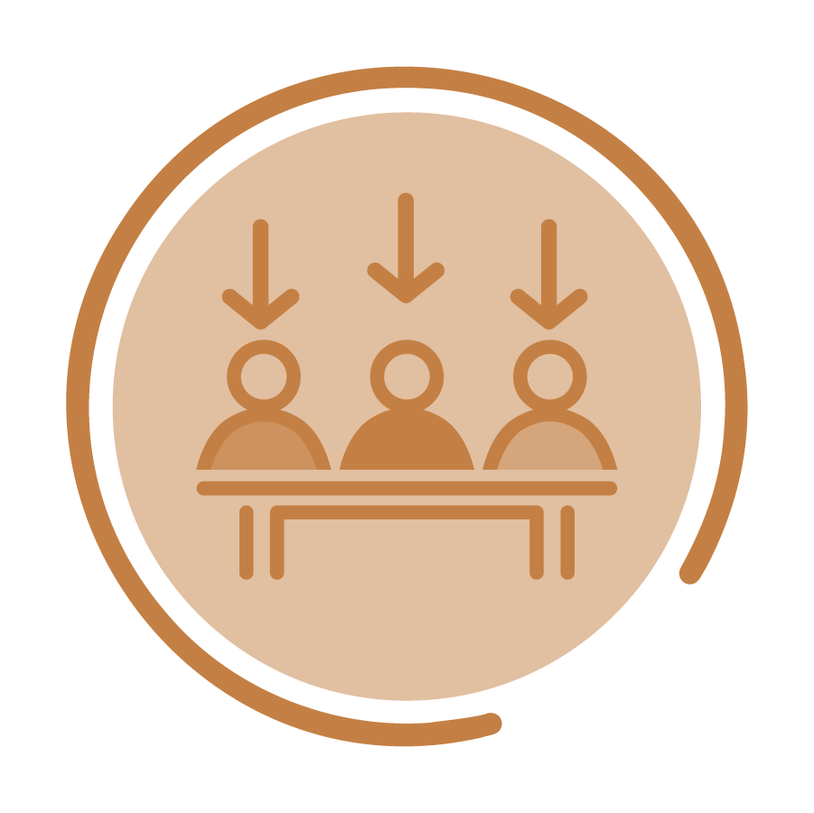 An orange icon showing a row of 3 individuals with arrows above their heads.