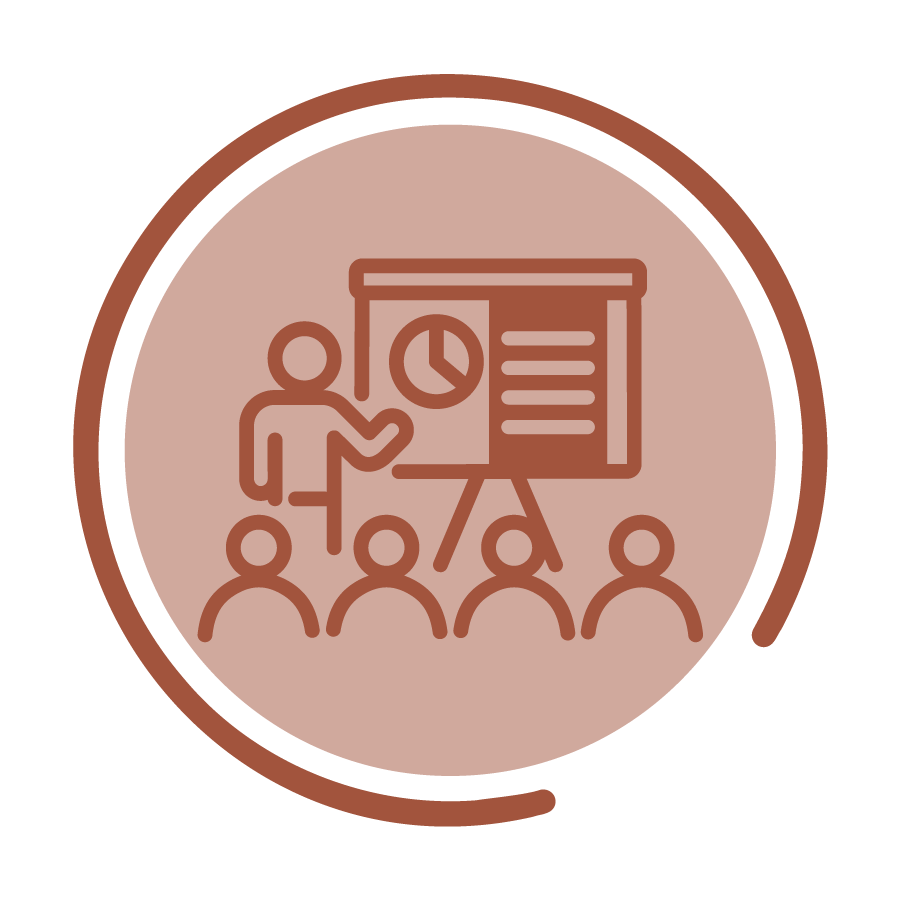 A red circular icon with the outline of a teacher talking to a group of four students.