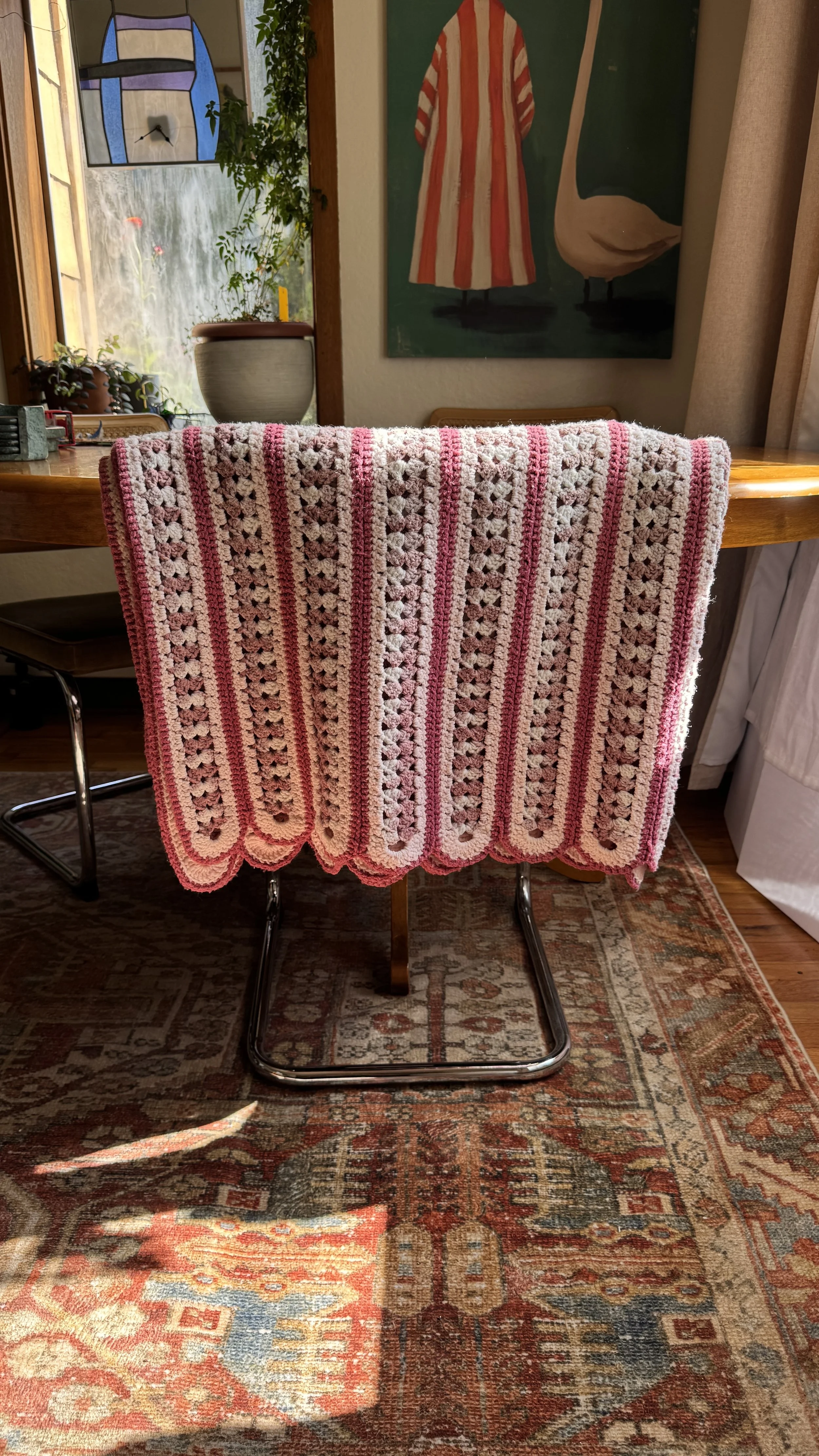 Handmade Pink and White Crochet Blanket, 70x50