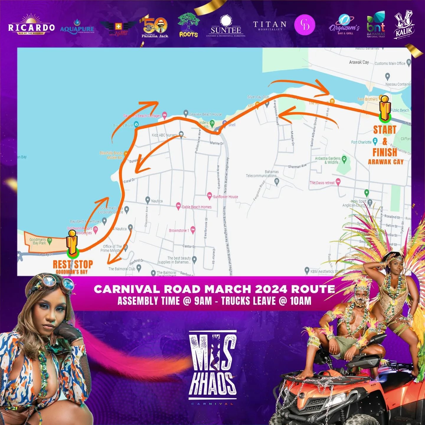 ATTENTION Agents of Khaos - we are now in road 🚛 mode ‼️

We can't wait to once again line the streets of Nassau with all of you in just two weeks time! What are you looking forward to the most? 

Share with someone who needs to see this, the route 