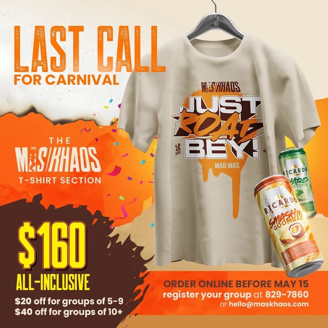 It's easier than ever to play mas with Mas Khaos! Our T-shirt section is selling out fast fast ‼️ here's a pro-tip: Come as a group and the price goes down for everyone 👯&zwj;♀️

Get your road friends together and let's enter the madness on May 18th