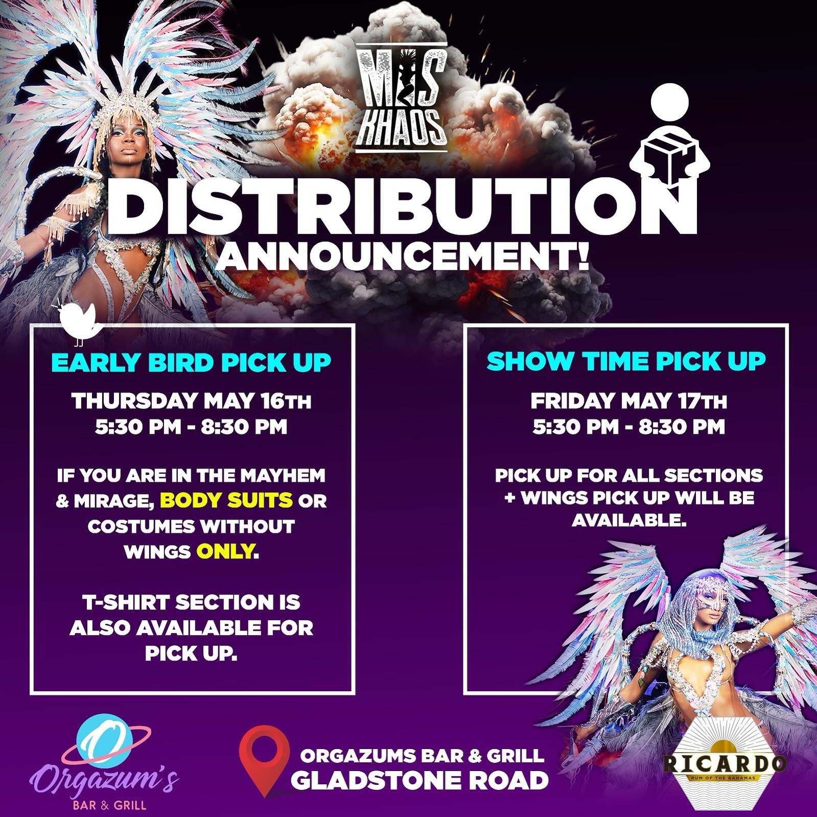 *Mas Khaos 2024 Distribution Announcement!*

Early Bird Pickup:
Thursday, May 16th, 5:30pm&mdash;8:30 pm. If you are in the Mayhem or Mirage Sections, pickup will be available for BODY SUITS ONLY. The T-shirt section will also be available for pickup