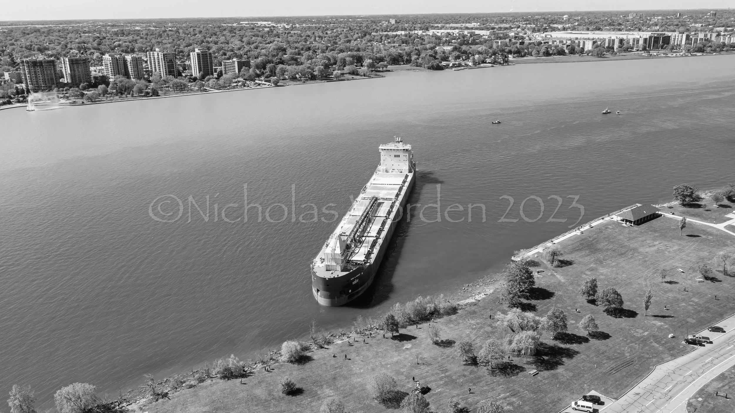 The 639 foot long Mark W. Barker run aground in the Detroit River at Belle Isle Park. 
