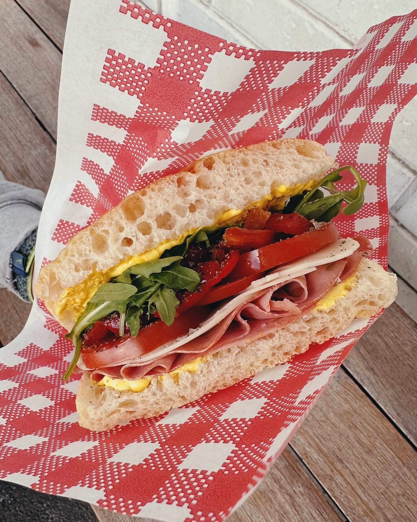 Our roll of the month for April is The Mortadella! @puopoloartisansalumi chilli mortadella, provolone, @albrownsgeneralstore habanero mustard mayo, marinated peppers, tomato and rocket in a @lamadrebakery focaccia. Yum! Everyday until sold out!