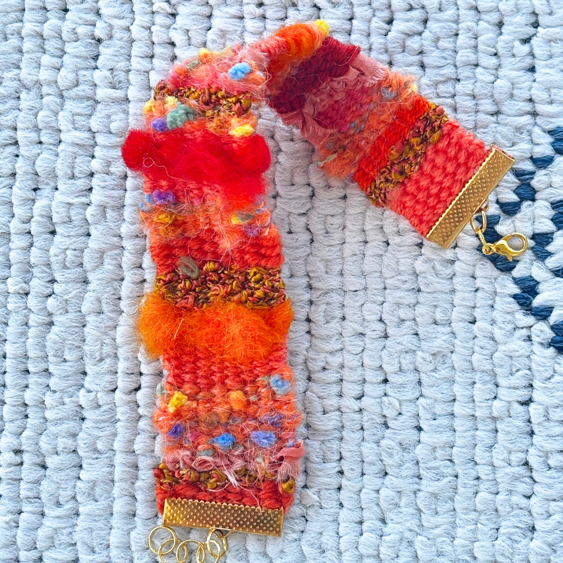 Handwoven Textile Fibre Art Bracelet - Orange