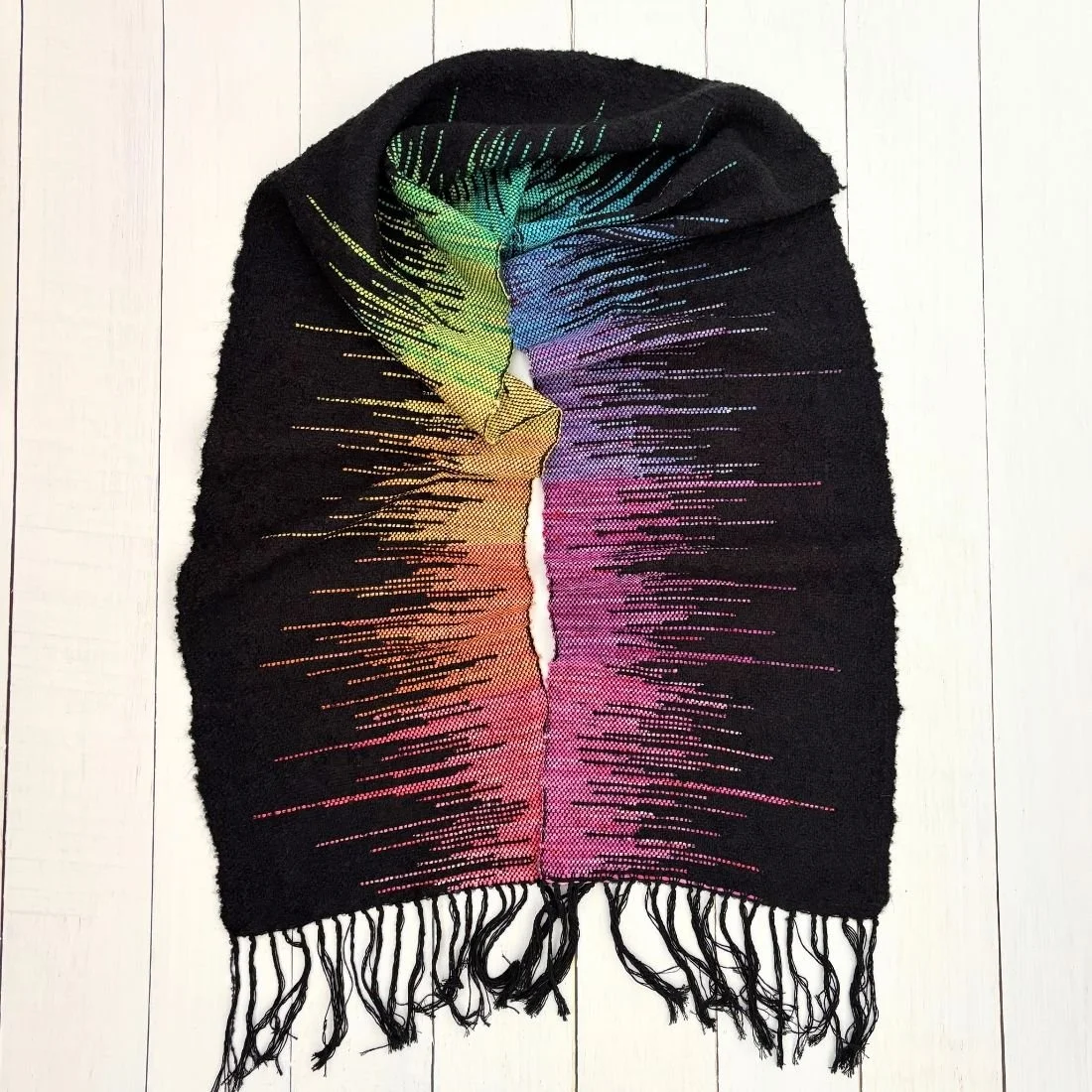 Handwoven Rainbow & Black Scarf
