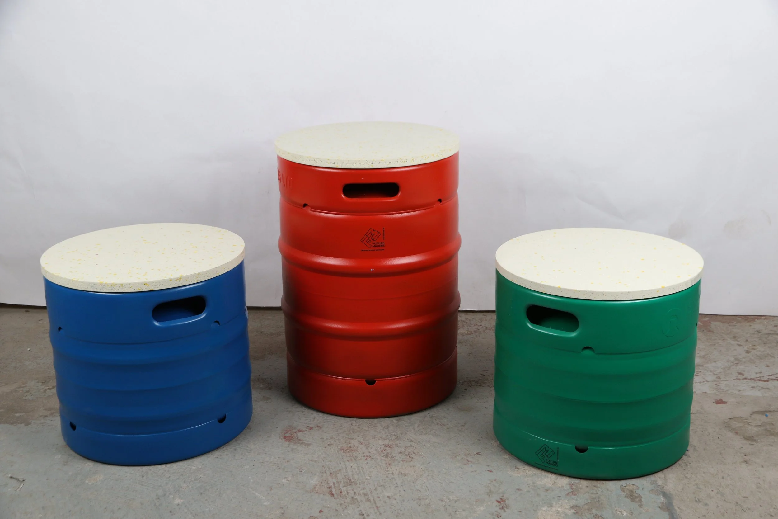 Recycled plastic barrel seats and table