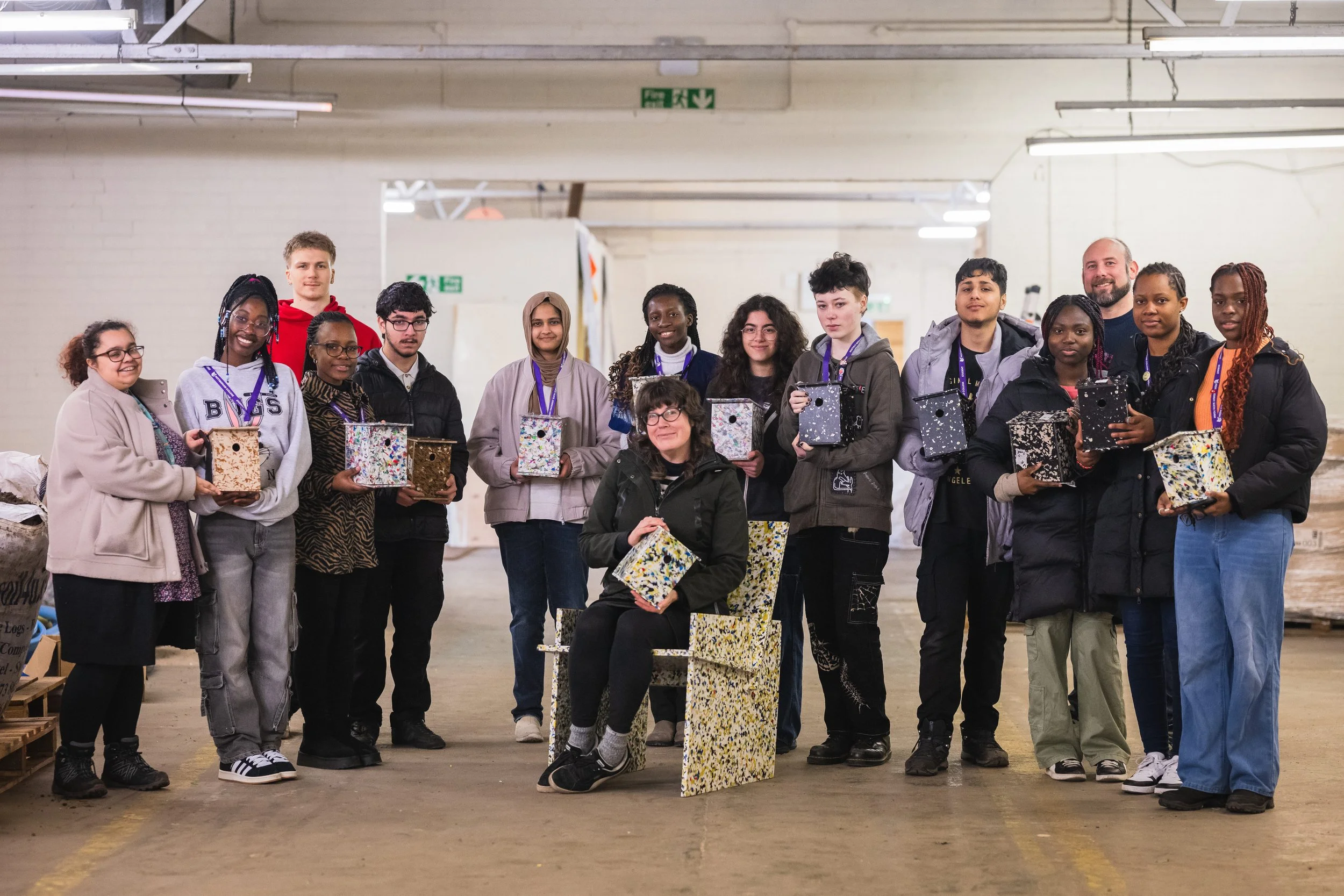 Notitngham College Learners with Bird Boxes they made from recycled plastic