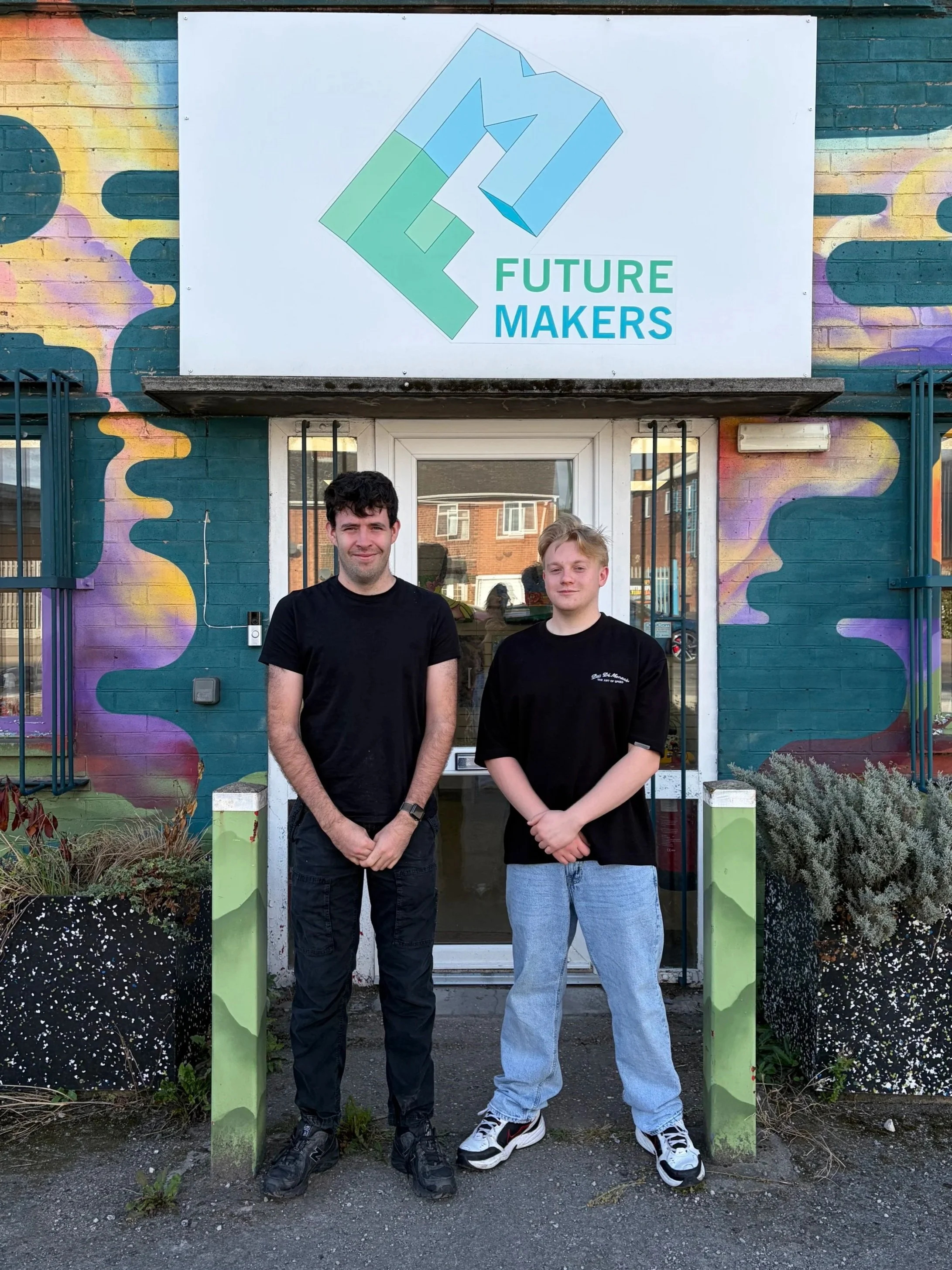 Joe Manning (left) and Joe Baskill (right) standing outside Future Makers studio