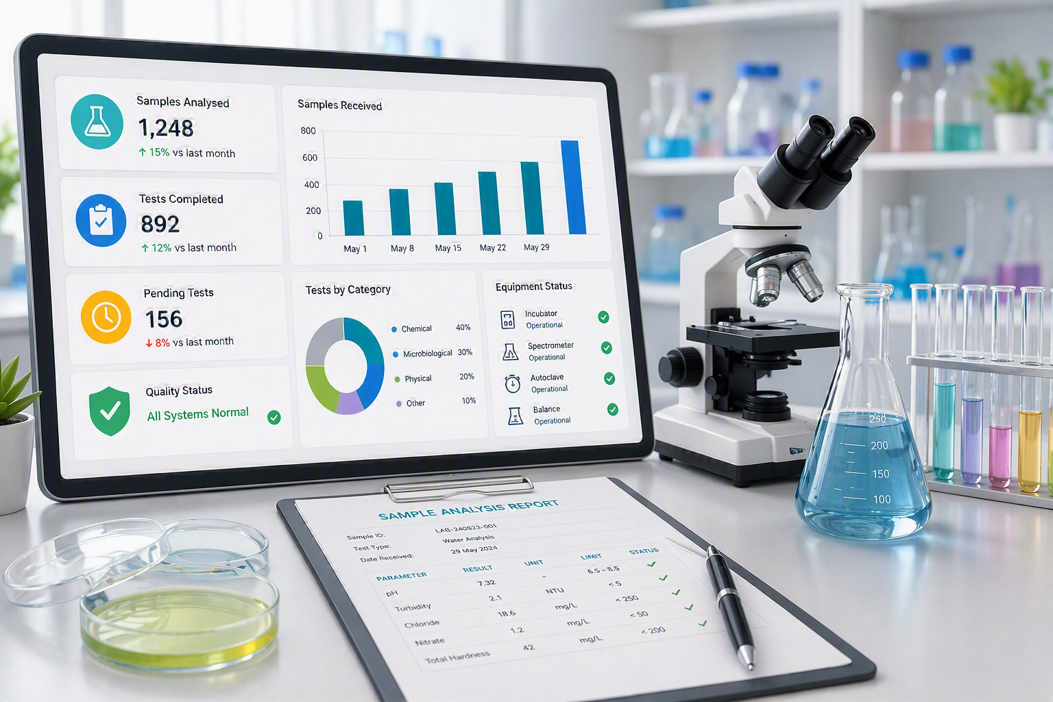 Laboratory workspace with a computer monitor displaying data charts and statistics, a microscope, assay test tubes with colorful liquids, a flask with blue liquid, petri dishes, and a sample analysis report.