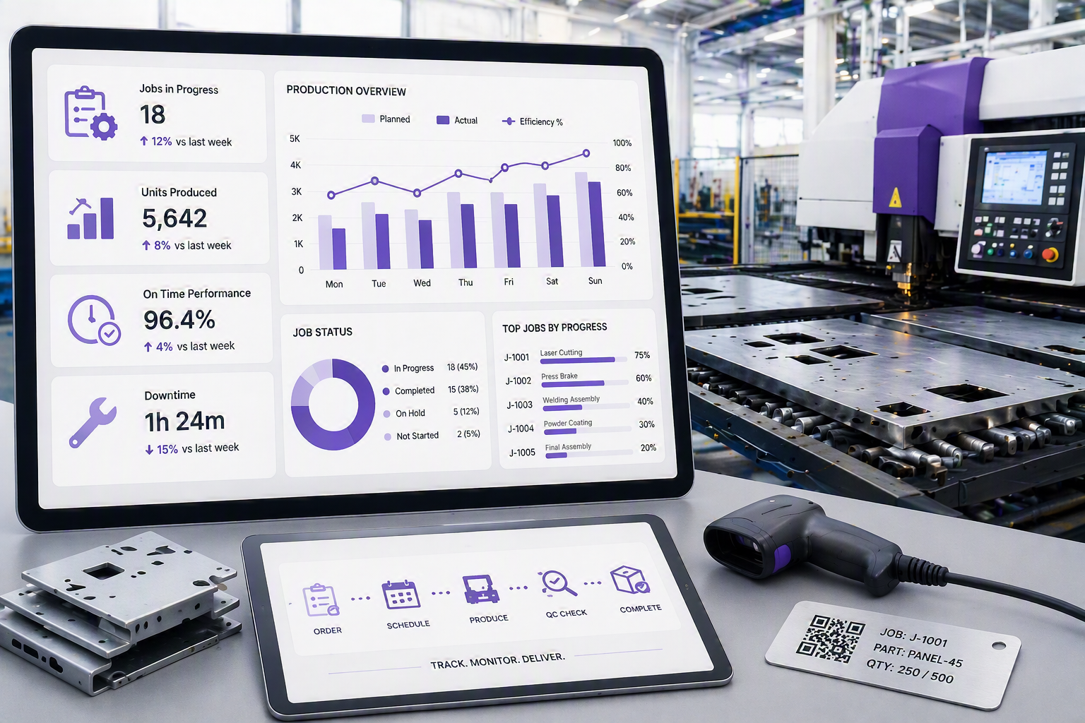 A digital factory production dashboard displays on a computer monitor, showing production statistics, charts, and job statuses, with manufacturing equipment in the background and a handheld barcode scanner and QR code label on the desk.