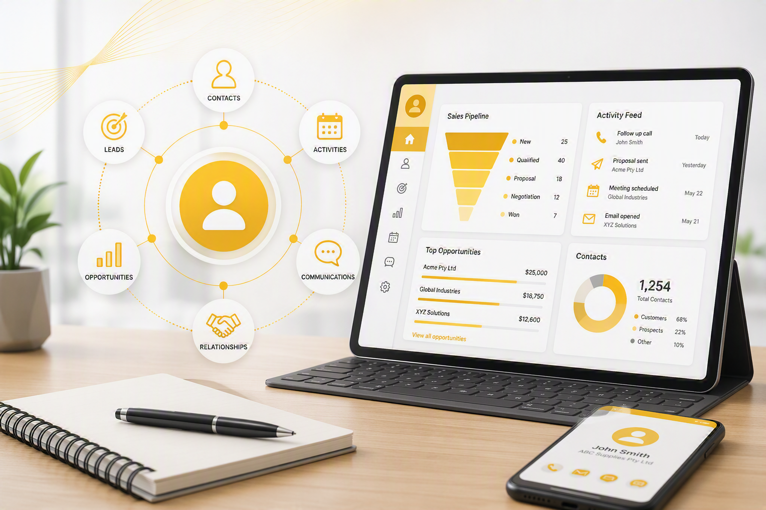 An office desk with a tablet displaying a sales dashboard, a smartphone showing a contact profile, a notebook, and a pen. The background features a large digital interface with business icons and analytics visualizations.