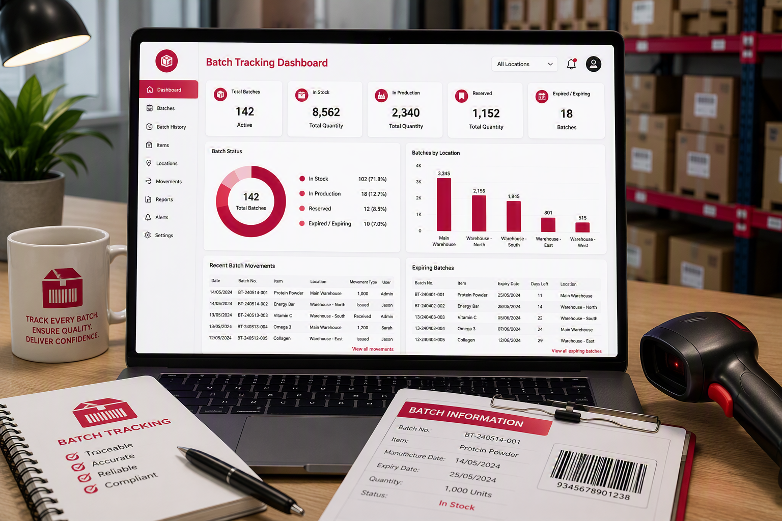 A computer screen displays a batch tracking dashboard with charts and statistics about inventory. On the desk are a pen, a notebook labeled 'Batch Tracking' with checkmarks, a barcode scanner, a mug with a logo and the text 'Track every batch. Ensure quality. Deliver confidence', and a clipboard with batch information.
