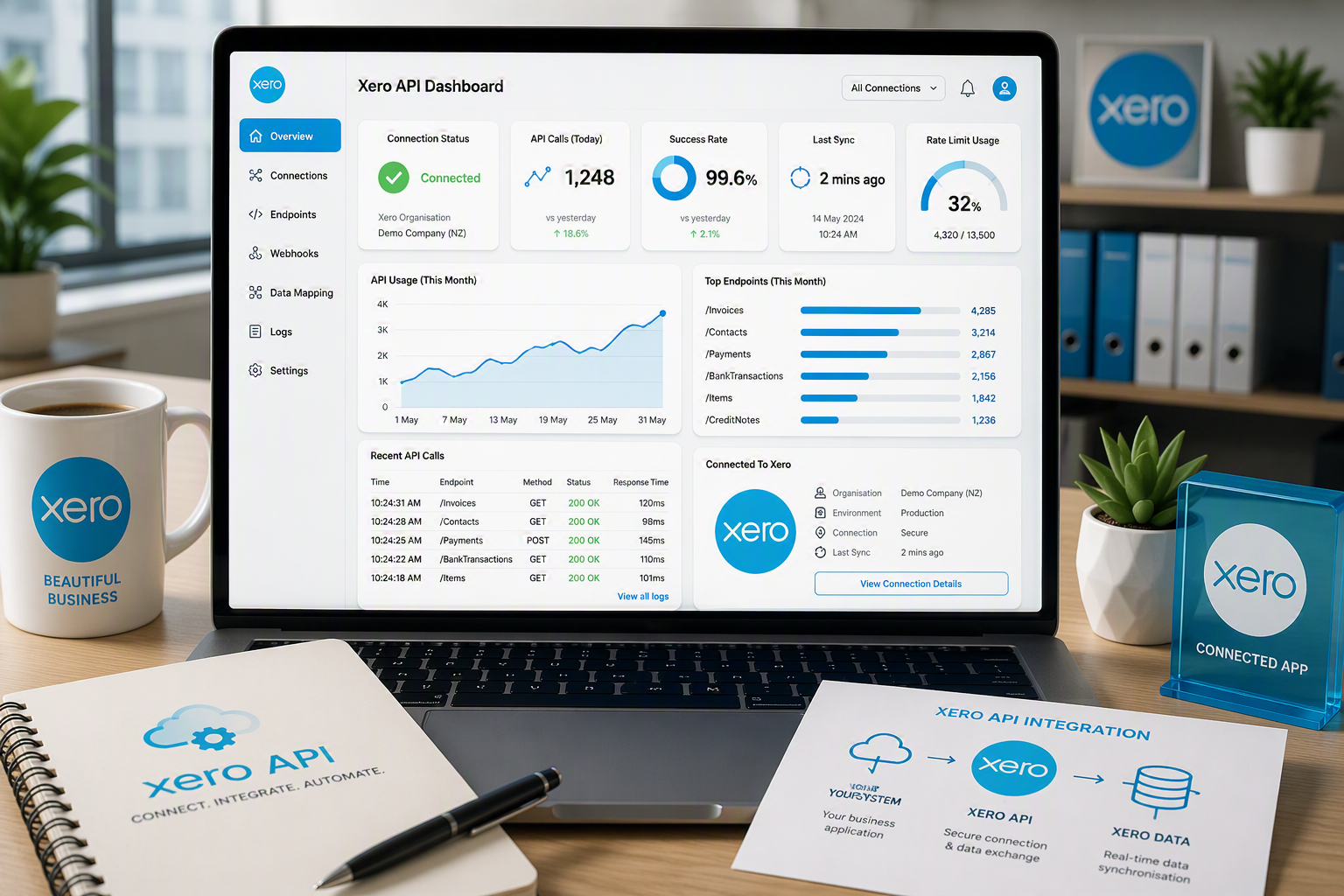 Laptop displaying the Xero API Dashboard on a desk. Surrounding items include a coffee mug with Xero logo, a potted plant, a blue Xero branded sign, a notebook with Xero API on it, a pen, and an infographic about Xero API integration.