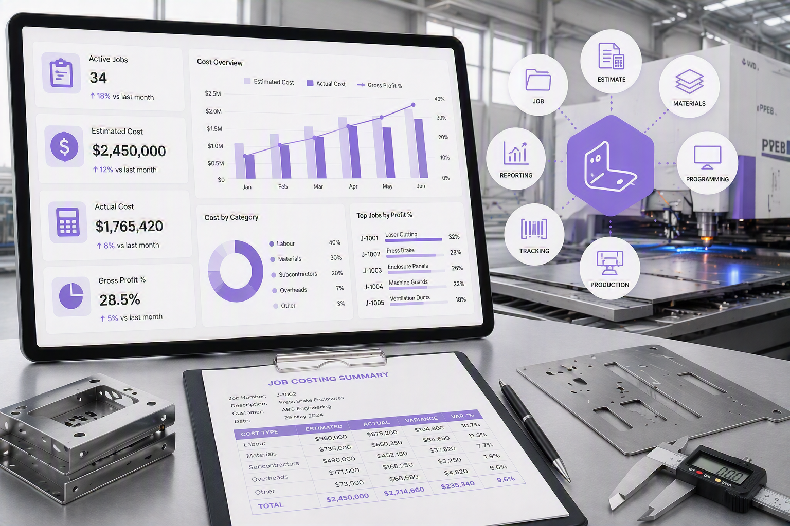 Digital manufacturing workspace with a monitor displaying production and cost data, a job costing summary, metal parts, measuring tools, and digital icons representing different manufacturing processes.