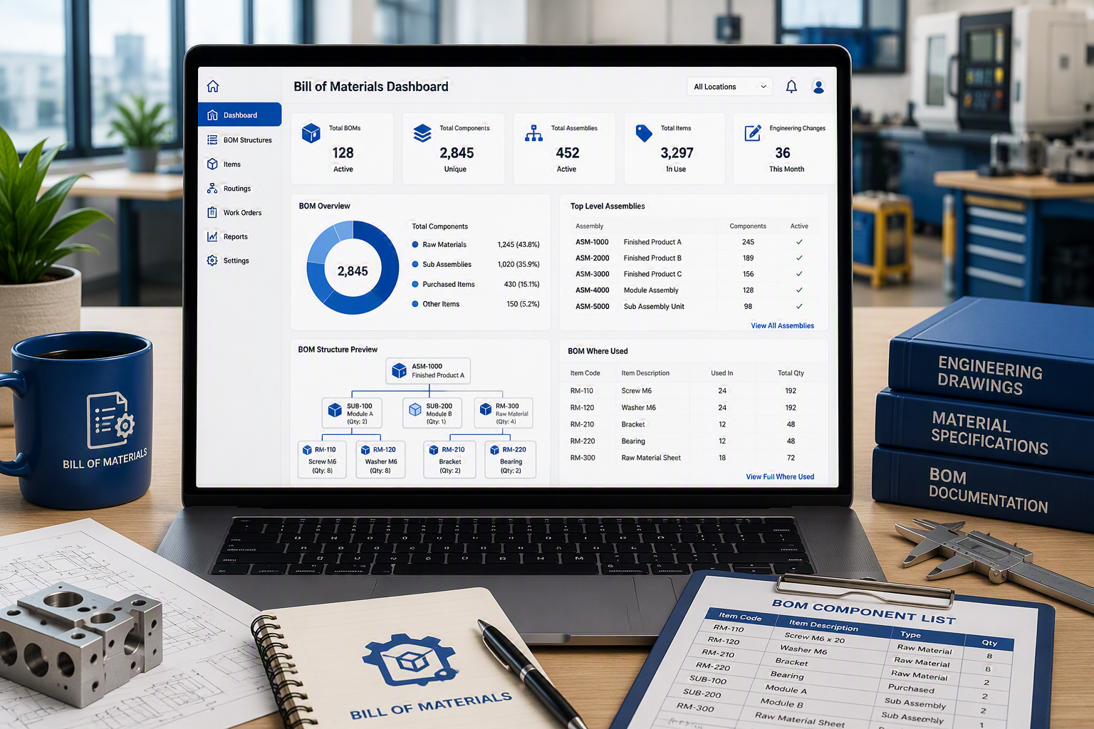 Computer screen displaying a dashboard for a bill of materials (BOM) with charts and tables, surrounded by engineering documents, a mug labeled 'Bill of Materials,' and blue binders labeled 'Engineering Drawings,' 'Material Specifications,' and 'BOM Documentation' in an engineering workspace.