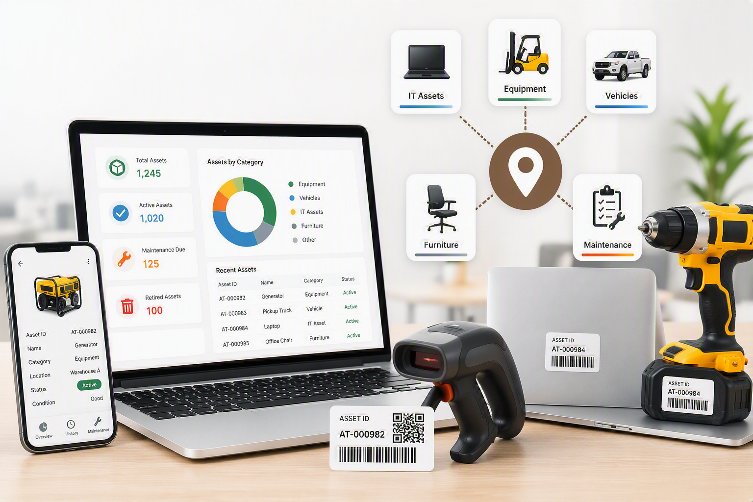 Digital inventory management setup with laptop, smartphone, barcode scanner, drill, laptop with labels, and a locker, all tracking asset data