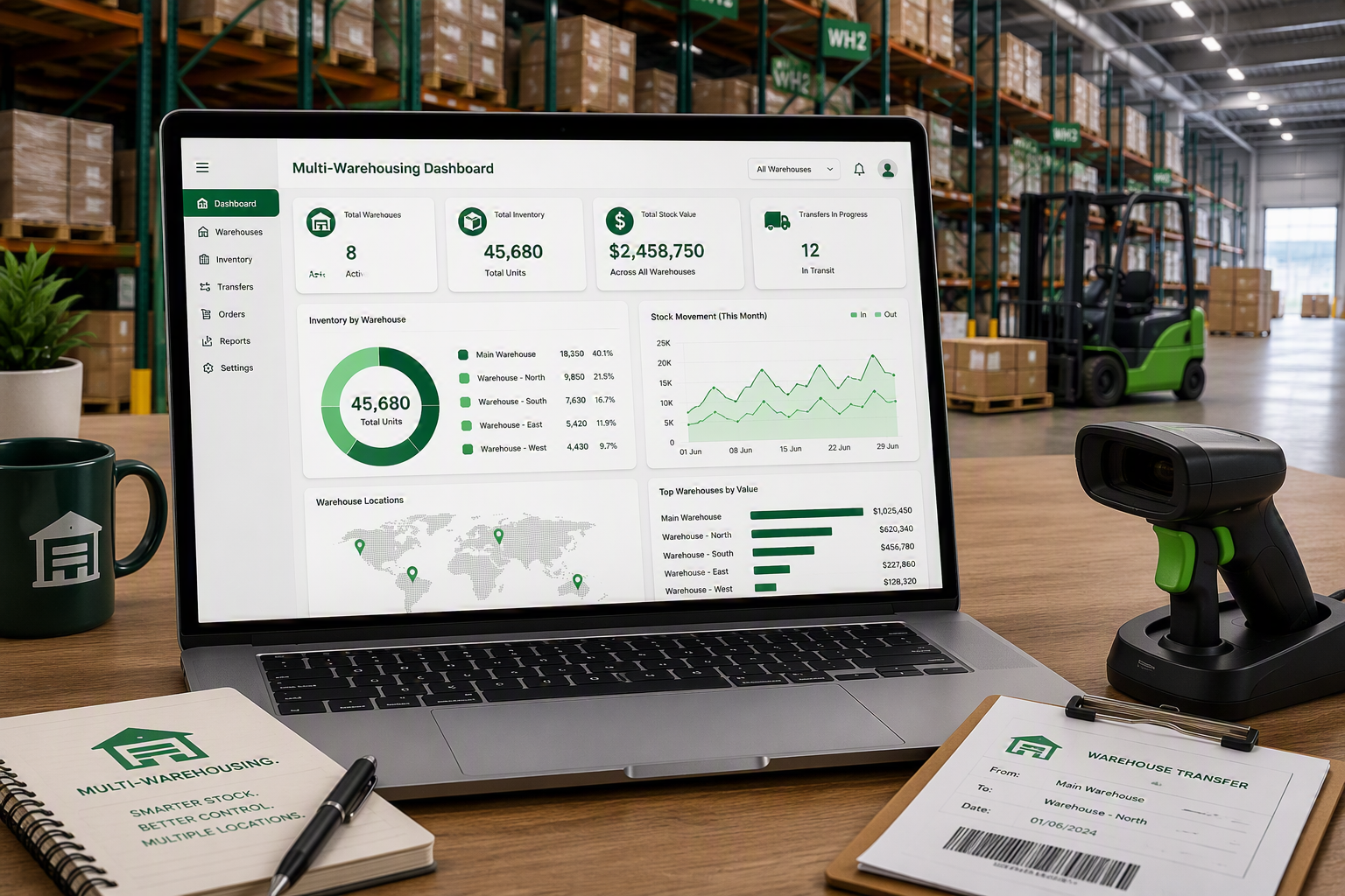 Laptop displaying a multi-warehousing dashboard with inventory graphs, world map, and charts in a warehouse setting with a forklift in the background, a barcode scanner, notebook, and mug on the desk.
