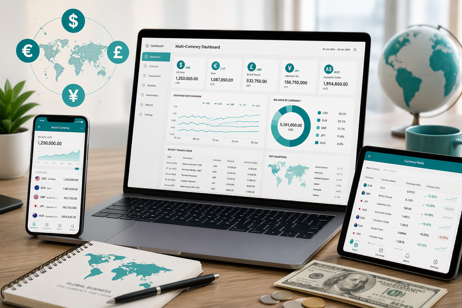Desktop and mobile screens displaying currency exchange data, with a world map, globe, dollar bills, and coins on a wooden desk.