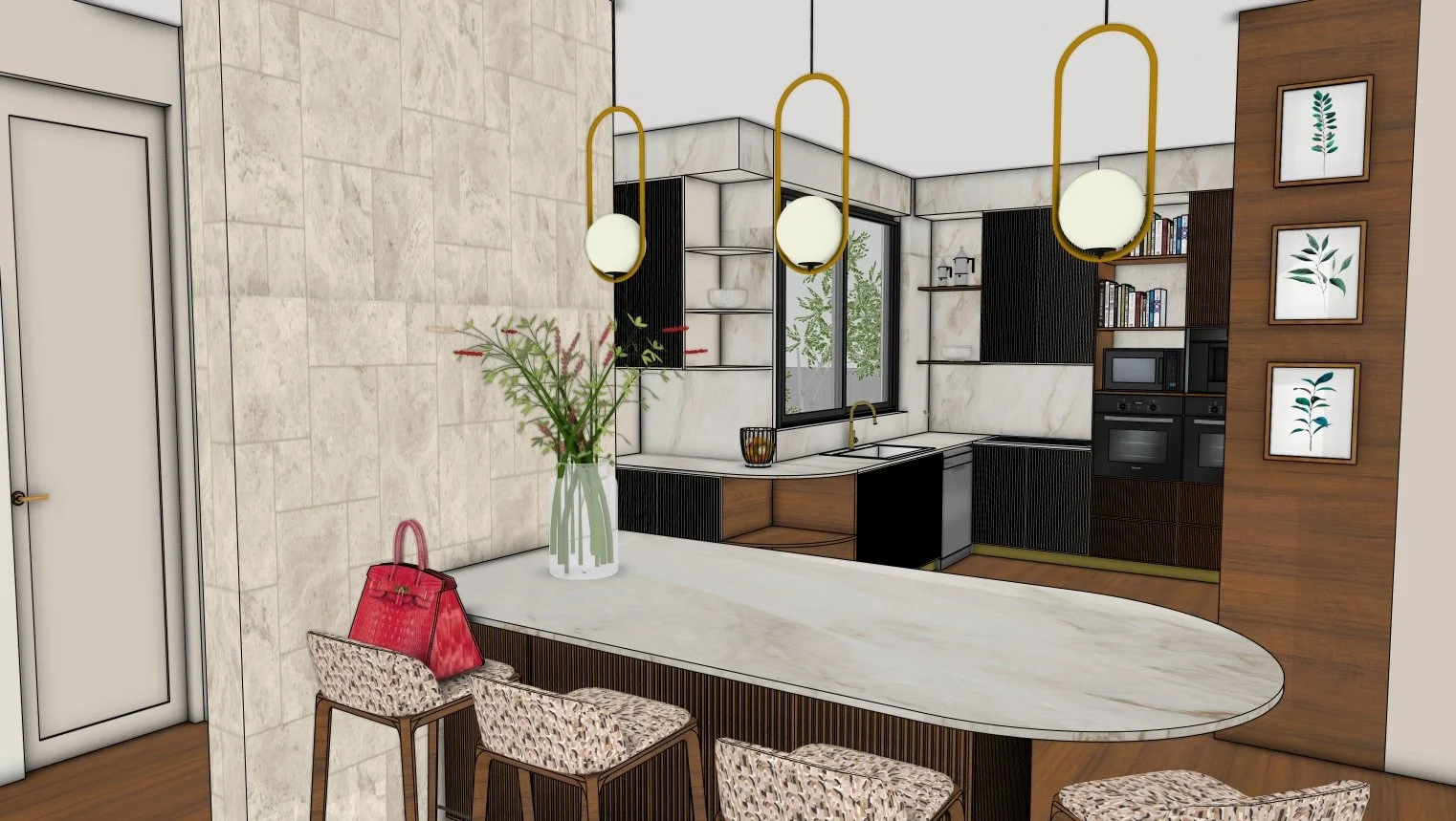 Kitchen render showing custom built cabinets and island bench