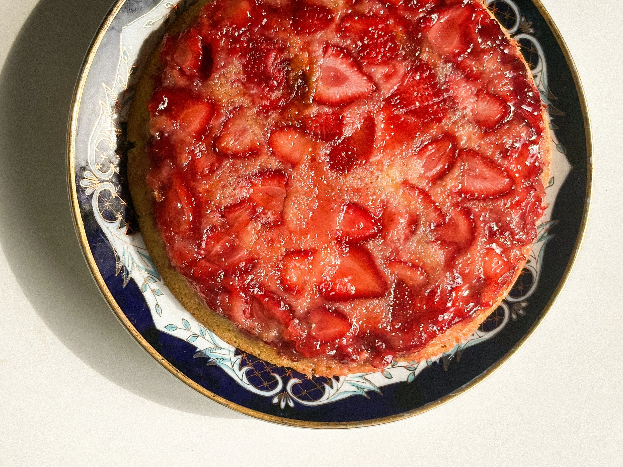 Upside Down Strawberry Cornmeal Cake with Basil-Infused Whipped Cream