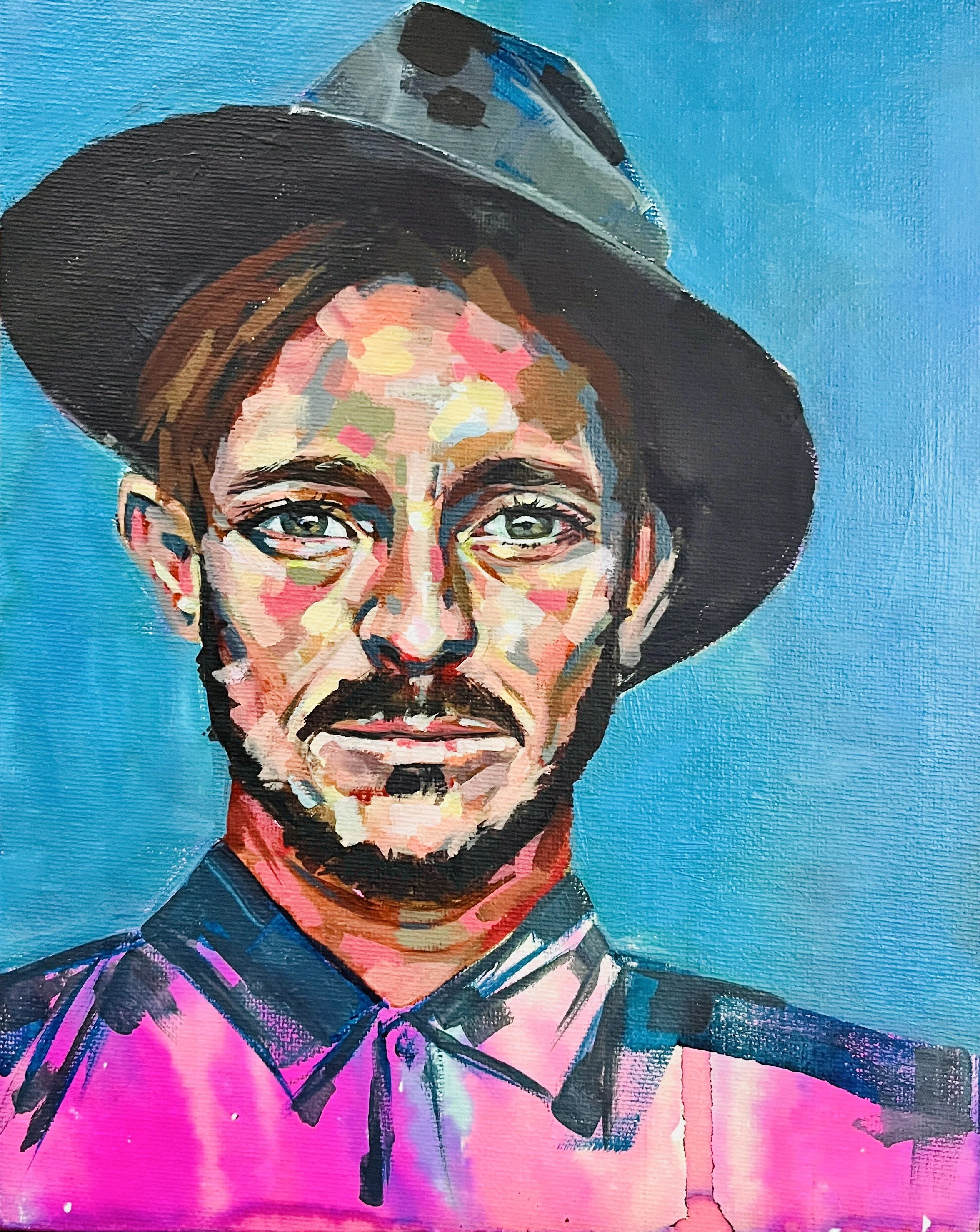 'Nick'. 
Acrylic on 25.4cm x 20.3cm canvas board. 
4/1/24. 
Original photo - Self Portrait by @rastabake
£50 via shop. 