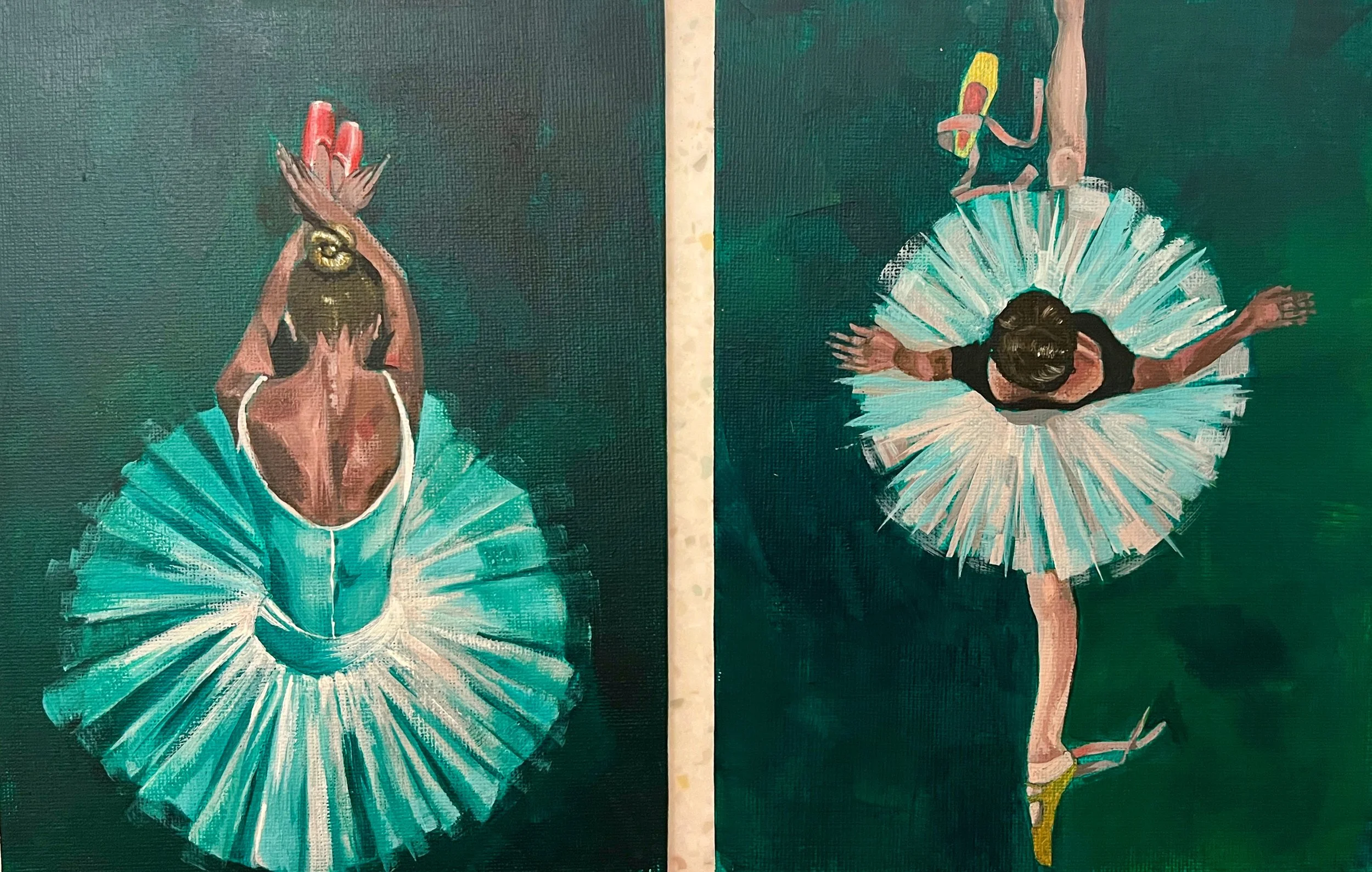 'The Ballerinas'. 

Acrylic on canvas 15 x 20cm boards. 

30/11/23. 

SALE - £100 for the pair. 