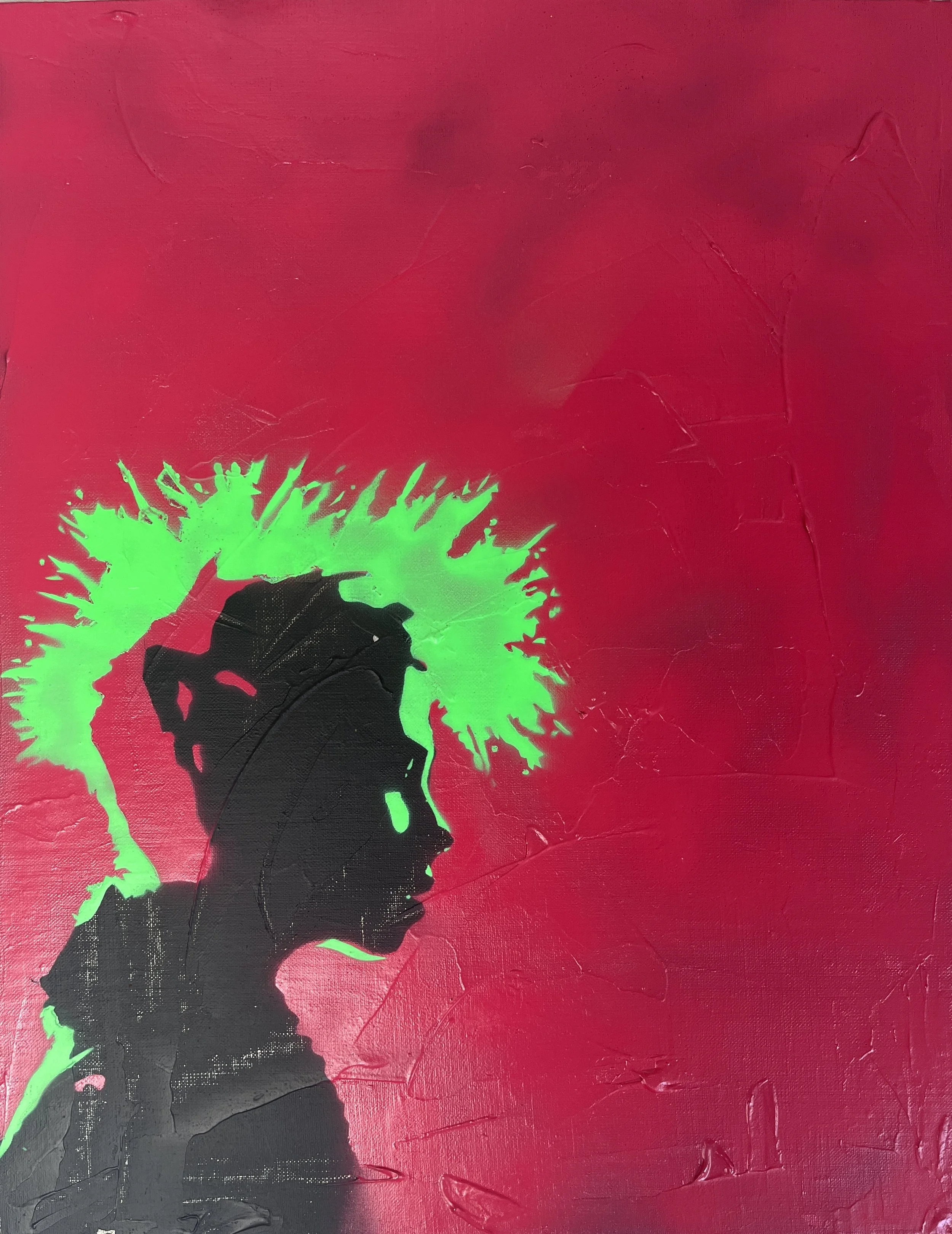 'Electric Dreams' - Pink & Neon Green. 

'Pink and Blue' and 'Indigo and Neon Pink' also available. 
Hand drawn and hand cut stencil. 
Mixed media on linen canvas board 18" x 14". 
Photo Reference Selin Atasoy / Jean S. Patre (@jean_s_partre). 

£125