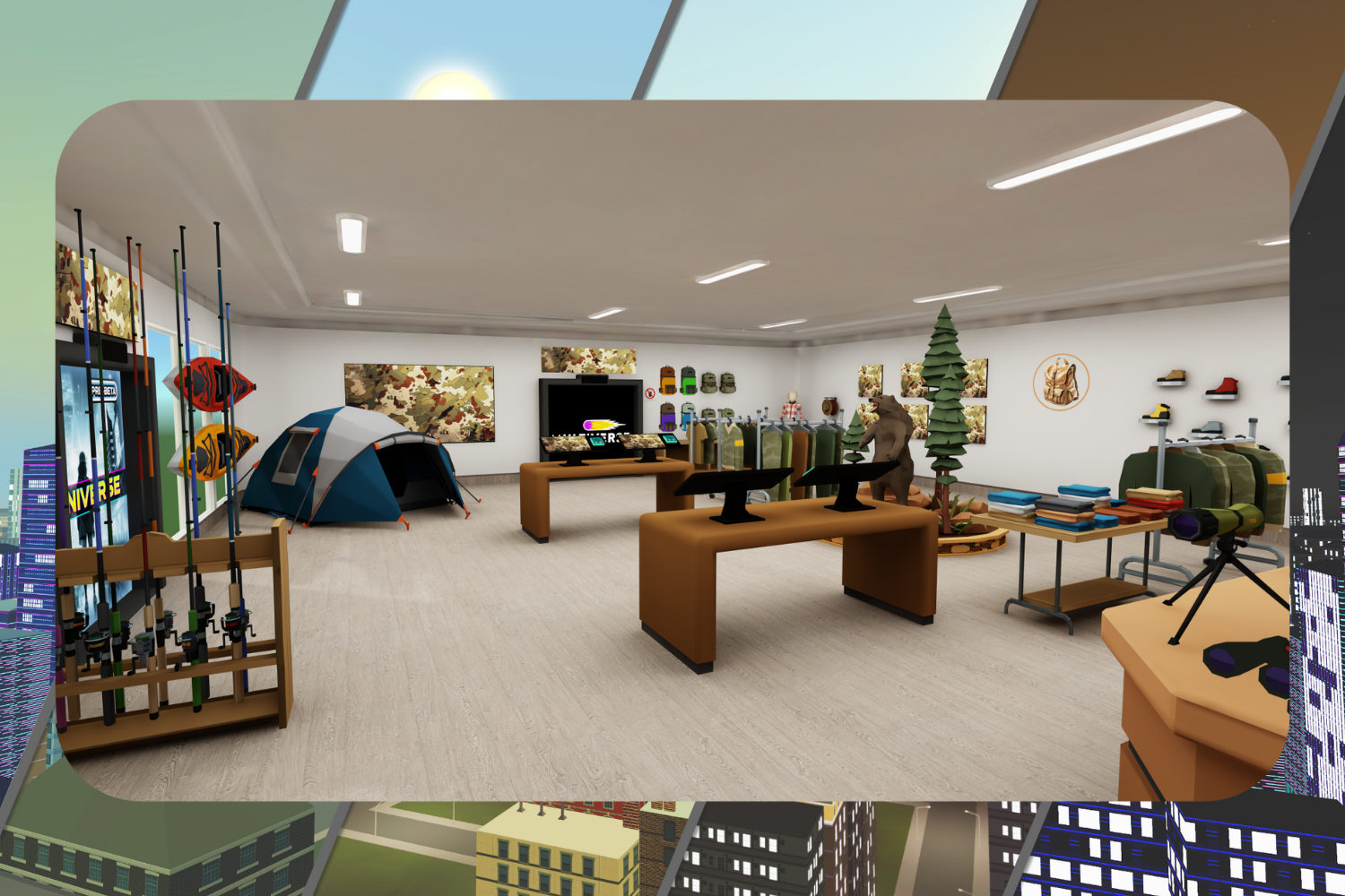 A virtual interior of an outdoor recreation store displaying fishing rods, a blue and orange tent, camping gear, a camouflage theme, outdoor clothing, and a digital display on a table. The store also features decorative environmental elements like a tree model and various outdoor equipment on shelves.