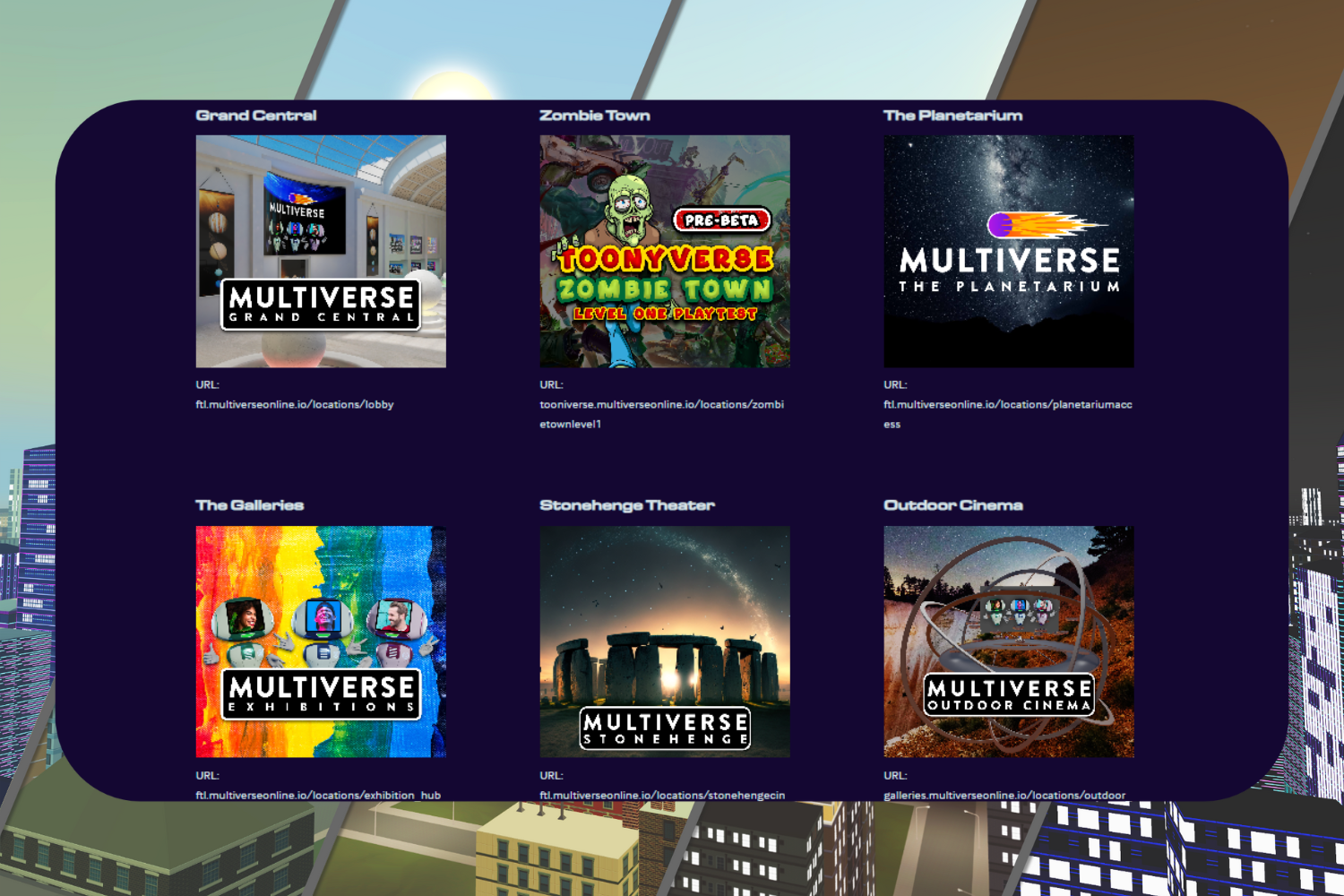 A digital display showing six virtual locations in a multiverse, including Grand Central, Zombie Town, The Planetarium, The Galleries, Stonehenge Theater, and Outdoor Cinema, each with respective URLs.