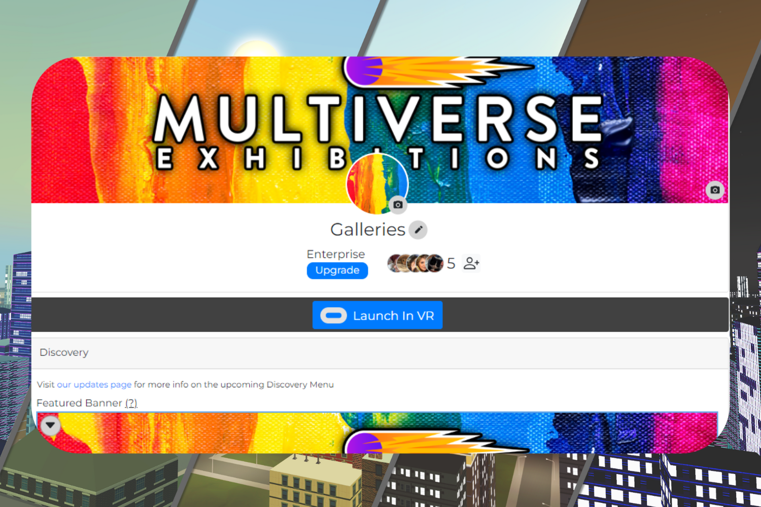 Colorful digital banner with text 'Multiverse Exhibitions' and a profile labeled 'Galleries' featuring VR launch and upgrade options.