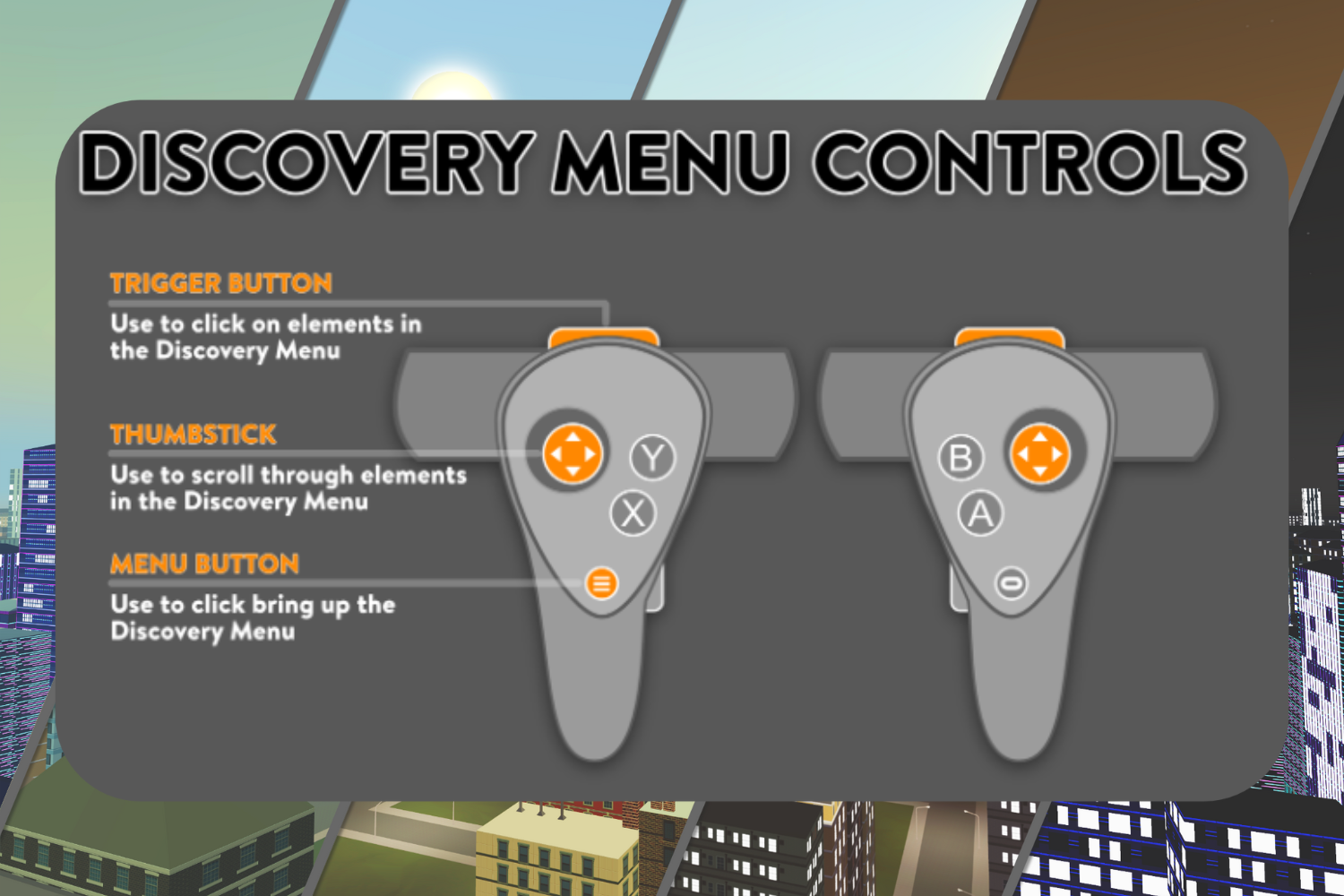 Discovery Menu Controls infographic showing a game controller with labeled buttons: trigger button, thumbstick, and menu button, used for navigation in the Discovery Menu.