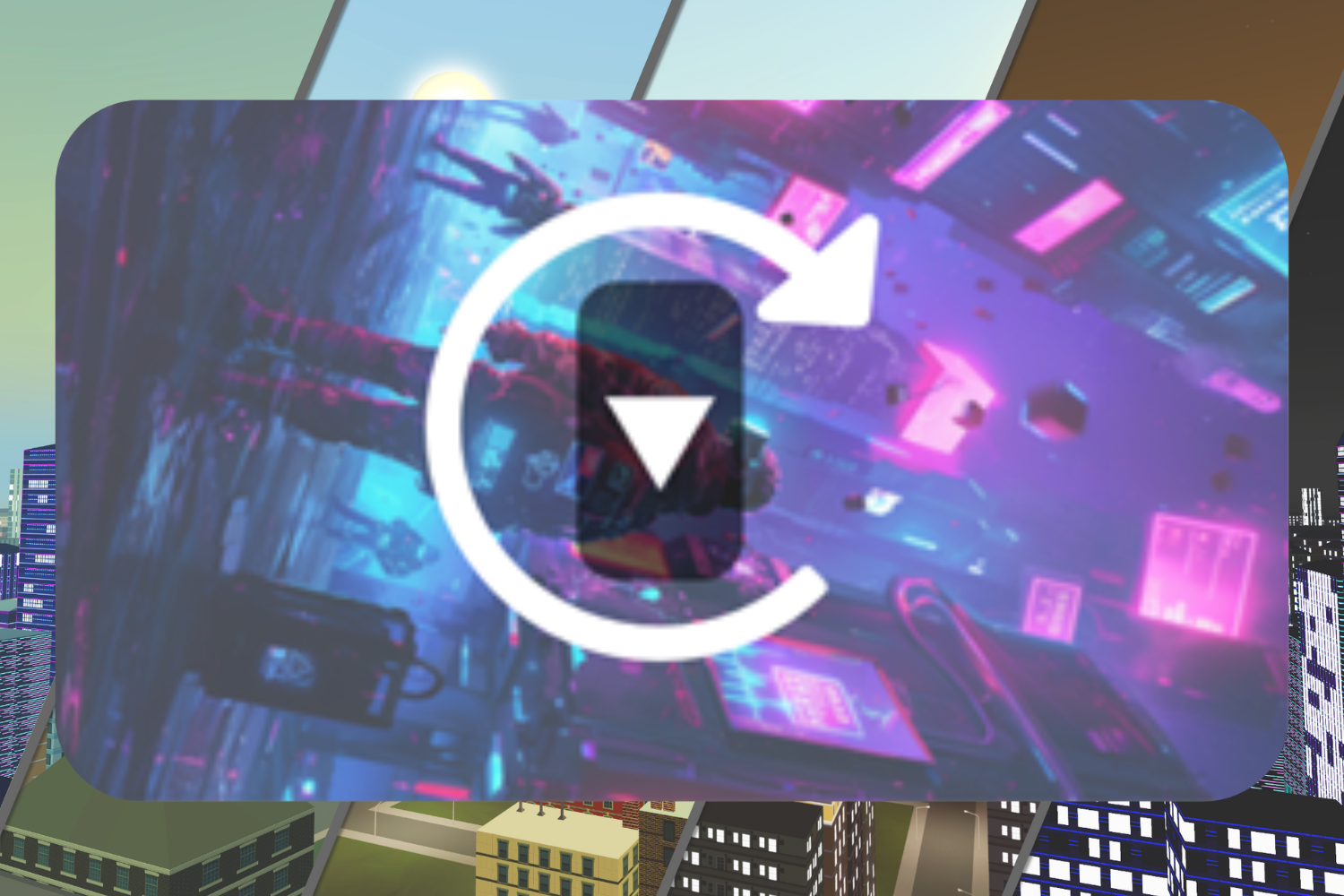 Digital artwork with neon lights and futuristic skyscrapers, featuring a play icon overlay.