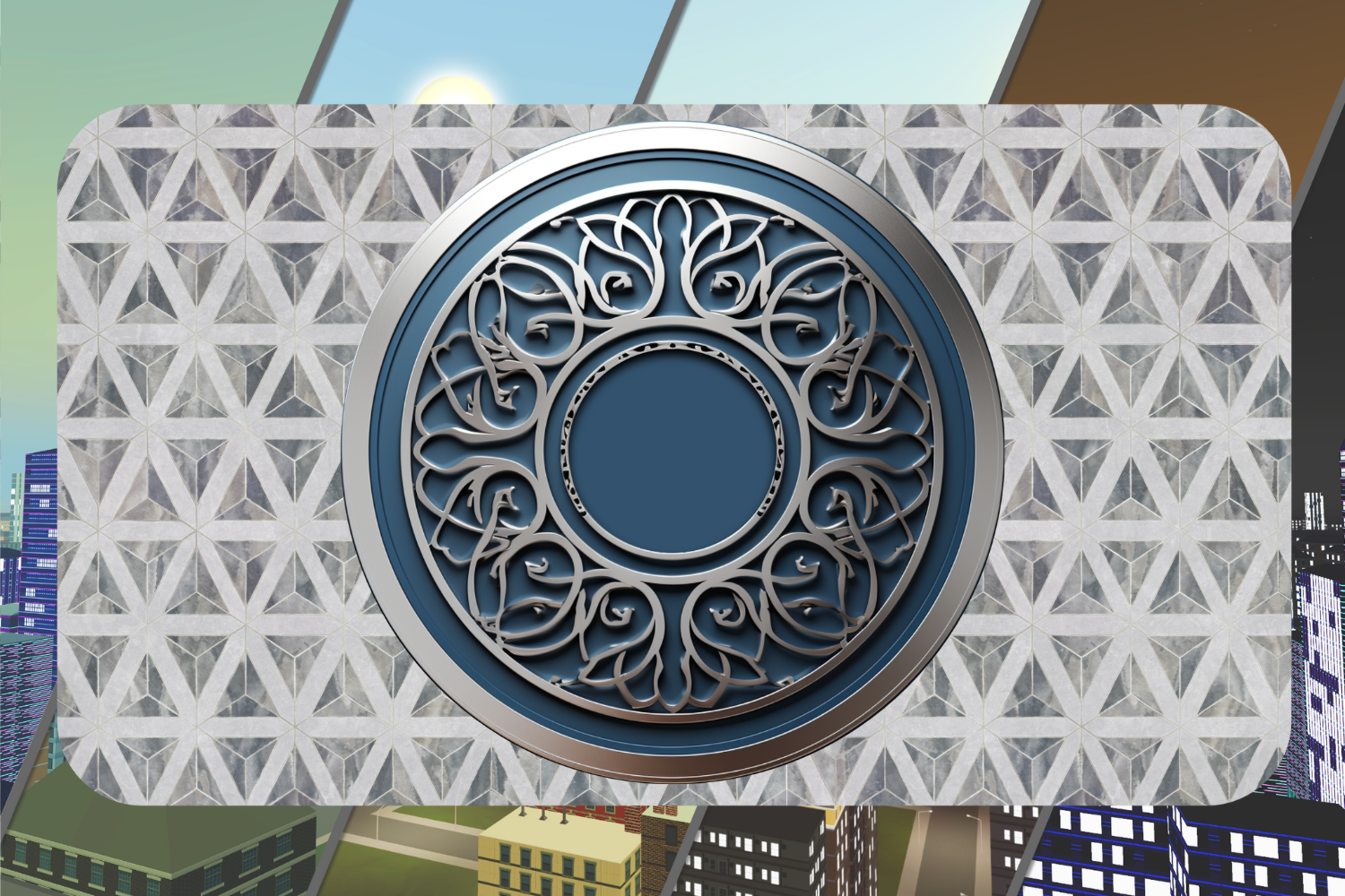 Abstract design with a circular metal pattern, blue background, geometric wall, and cityscape.